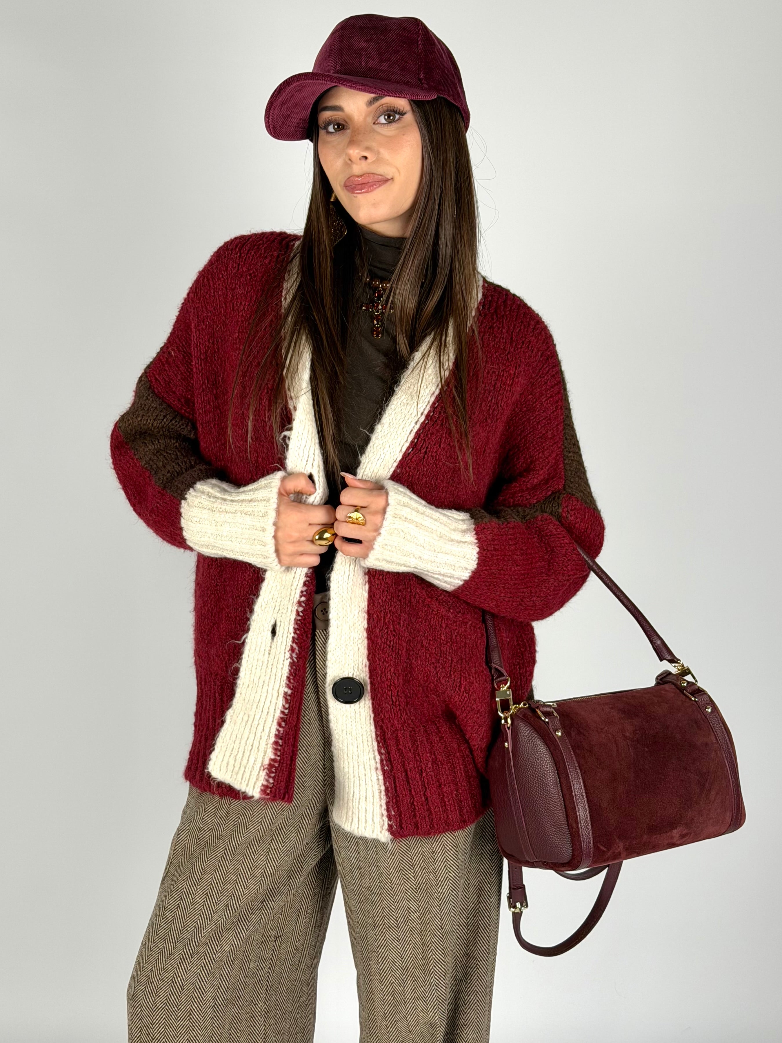 Cardigan due colori bordeaux