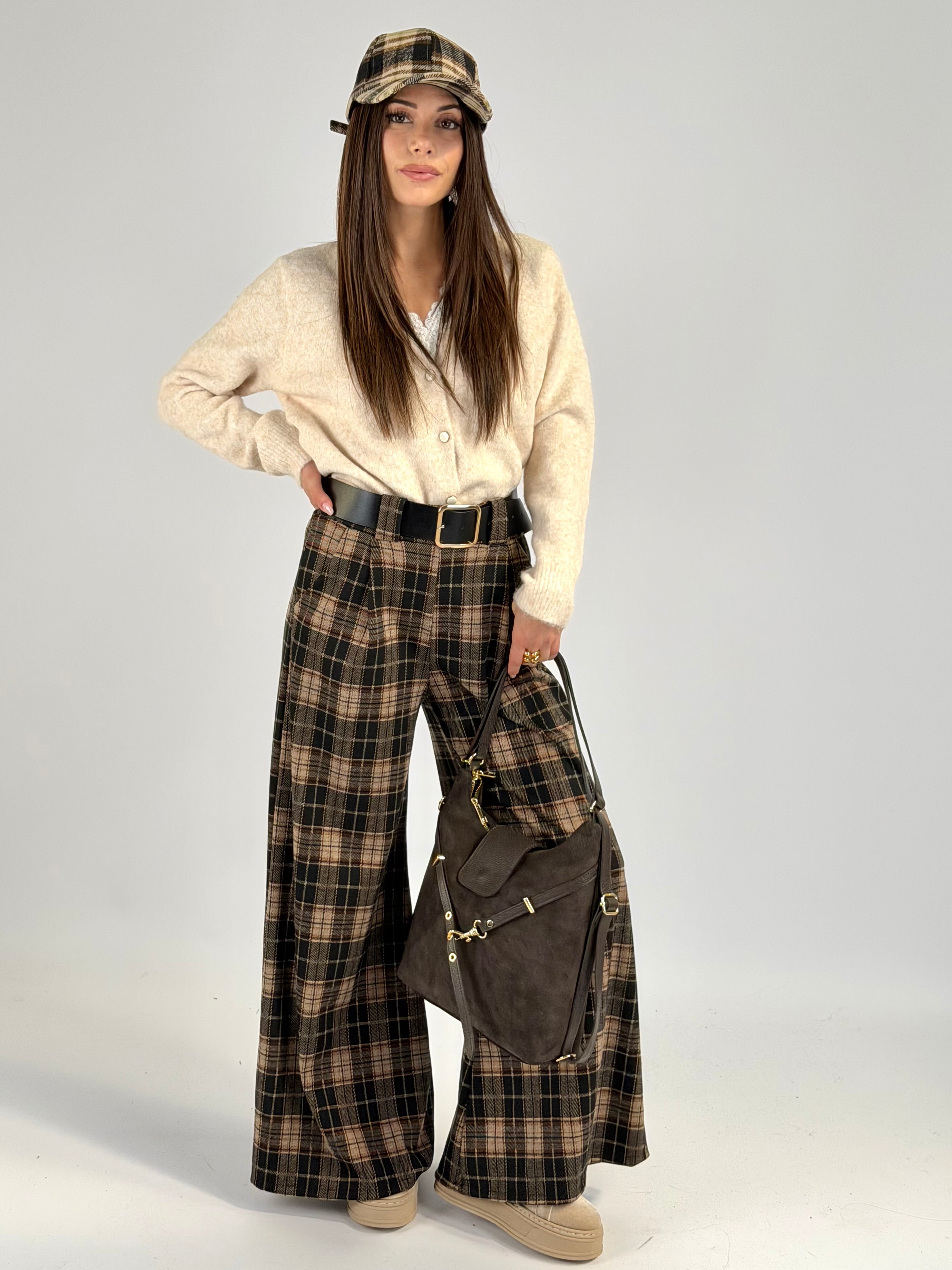 Pantalone quadri beige