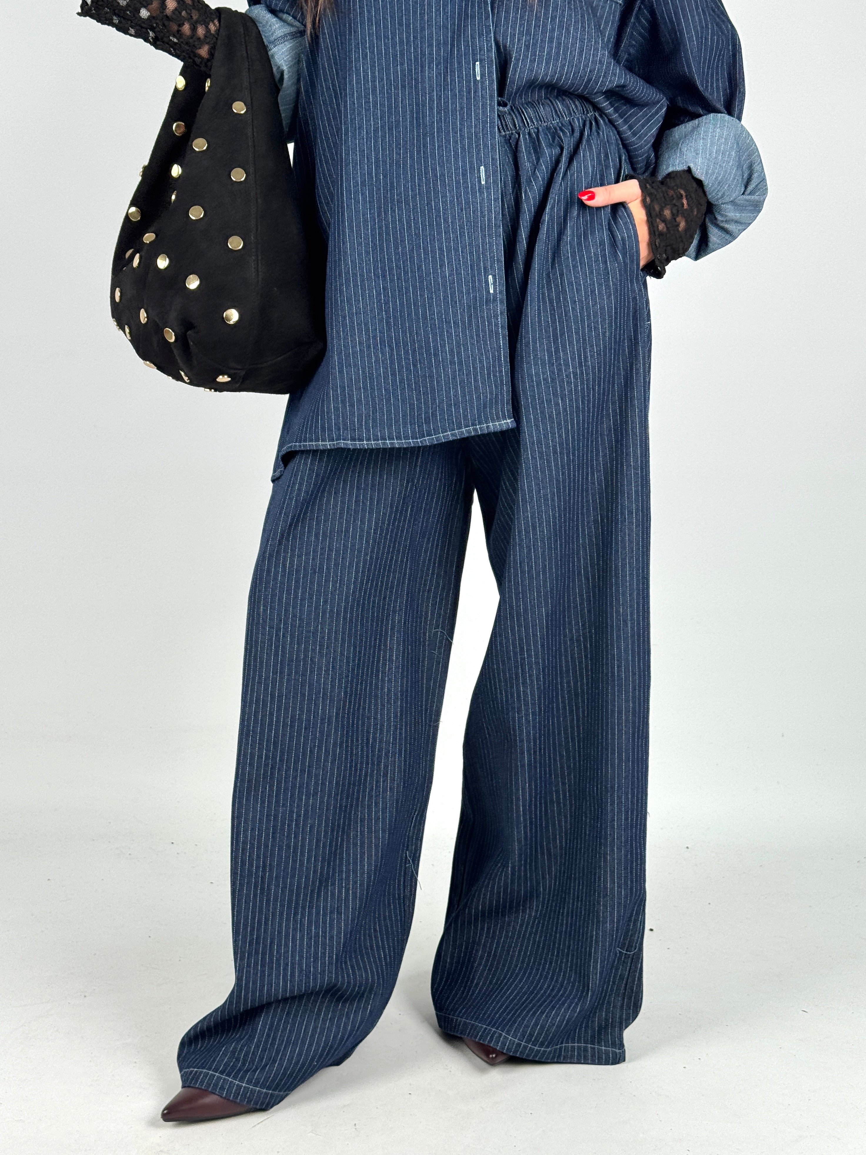 Pantalone completo denim gessato