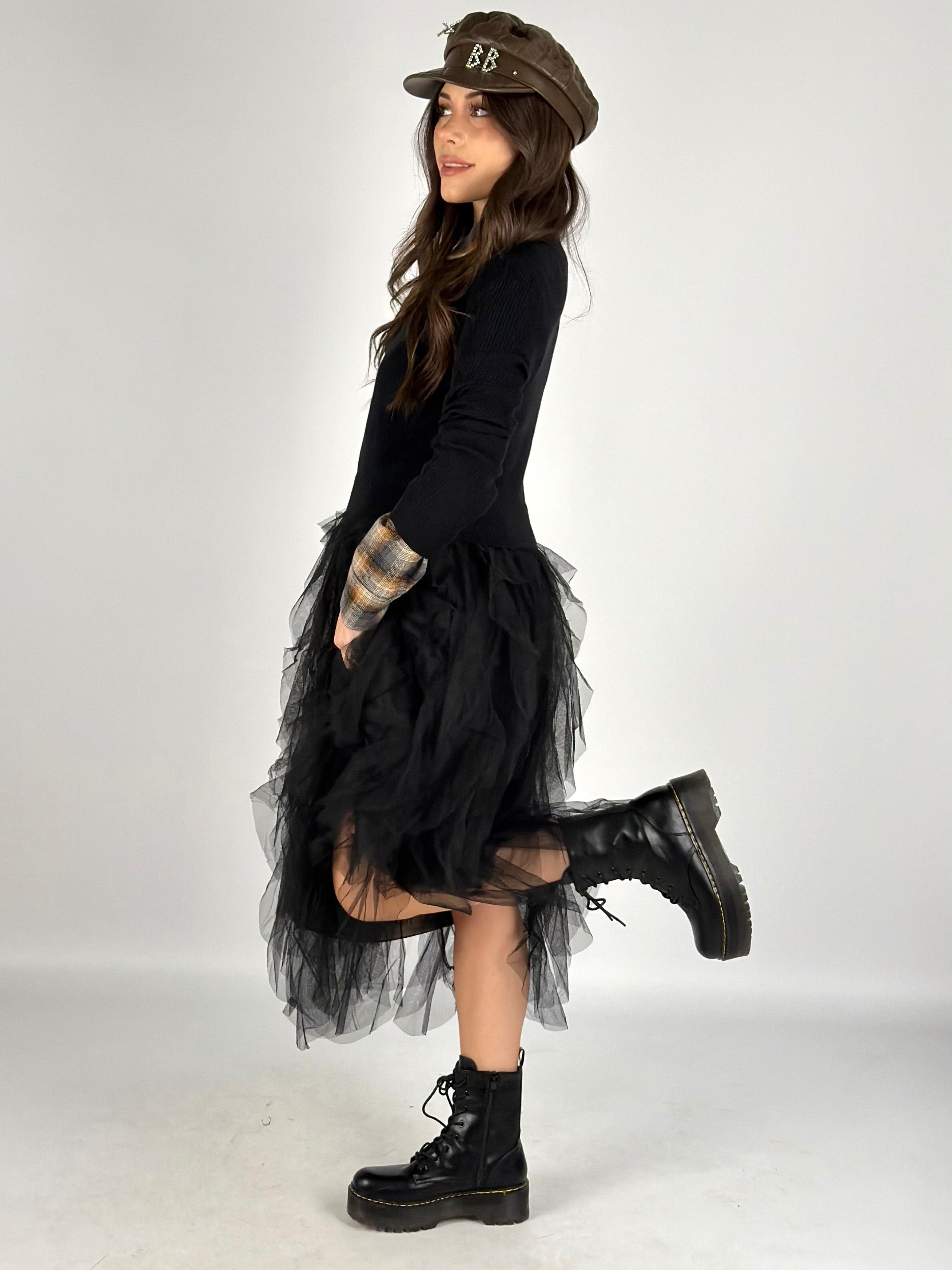 Abito tulle manica lunga nero