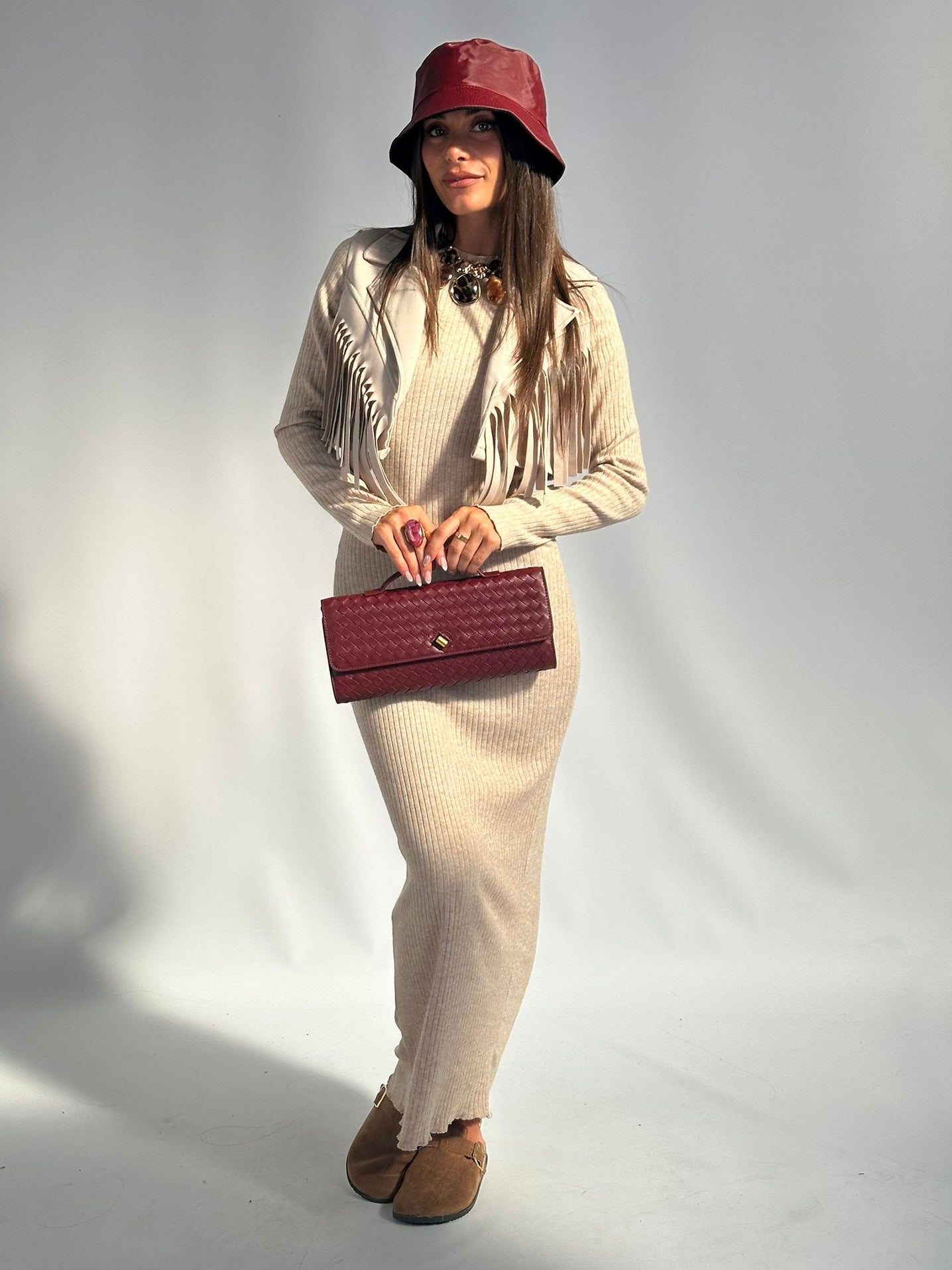 Abito + gilet frange beige