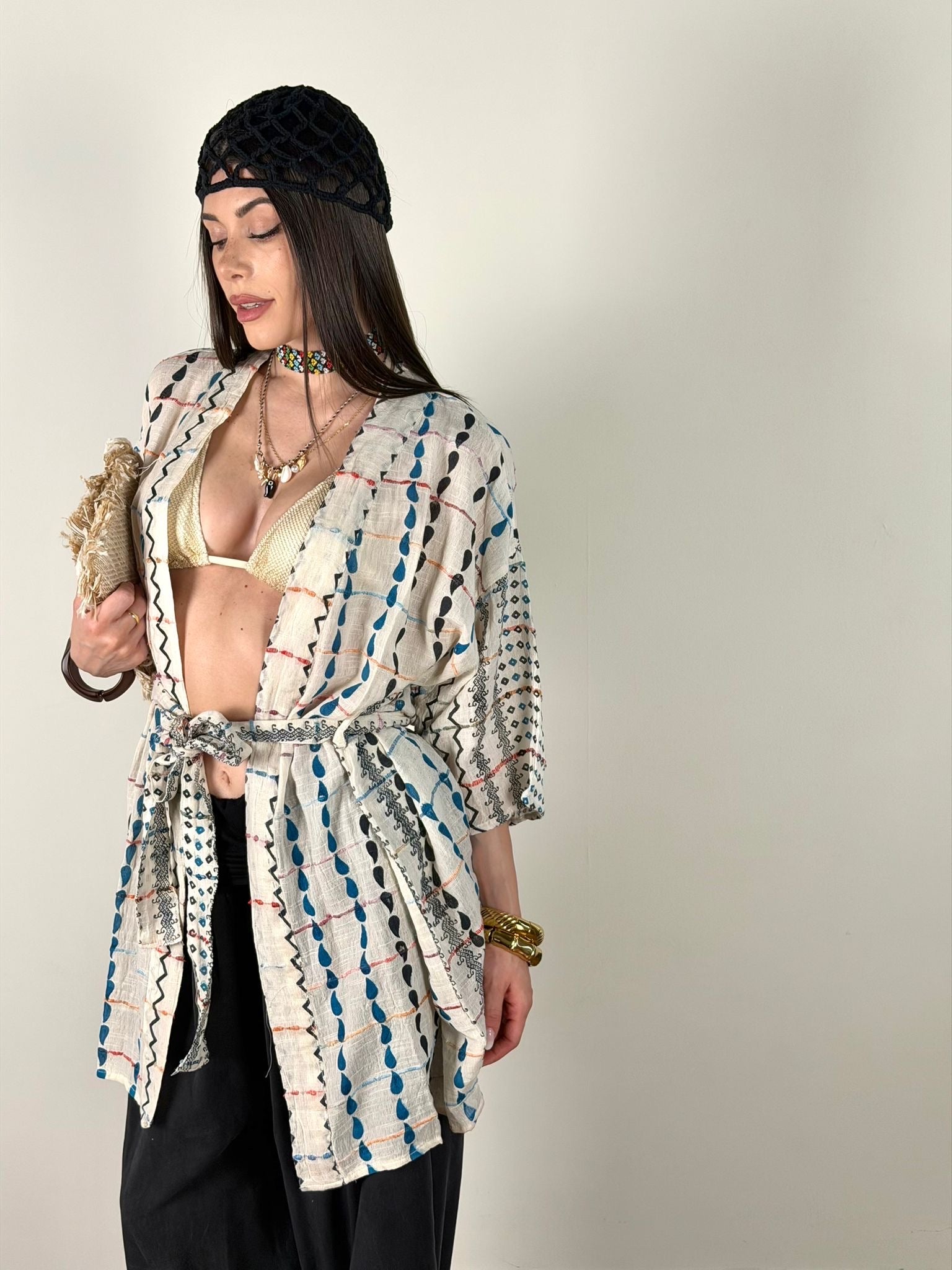 Kimono ricami beige nero
