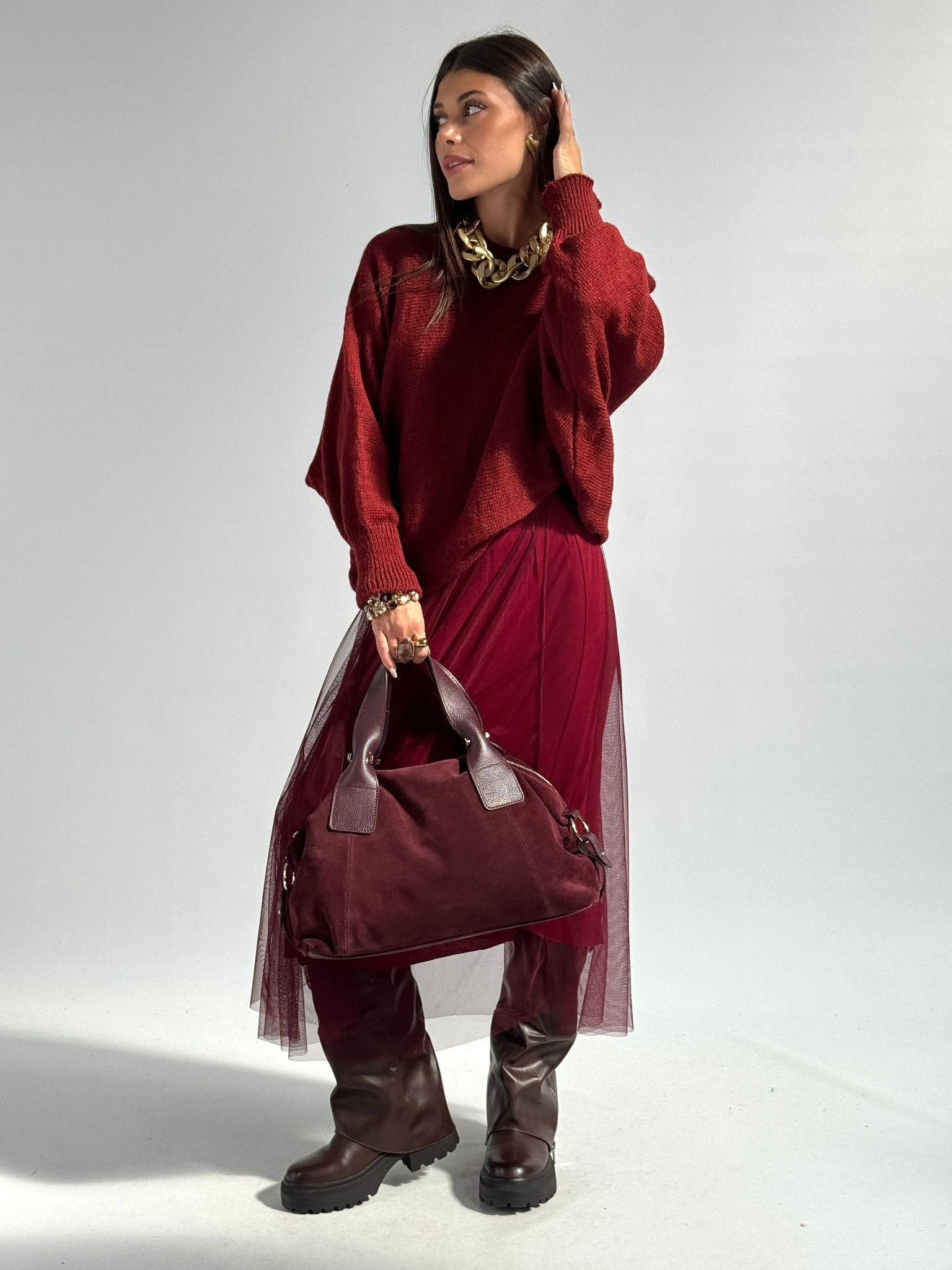 Abito tulle con maglioncino bordeaux