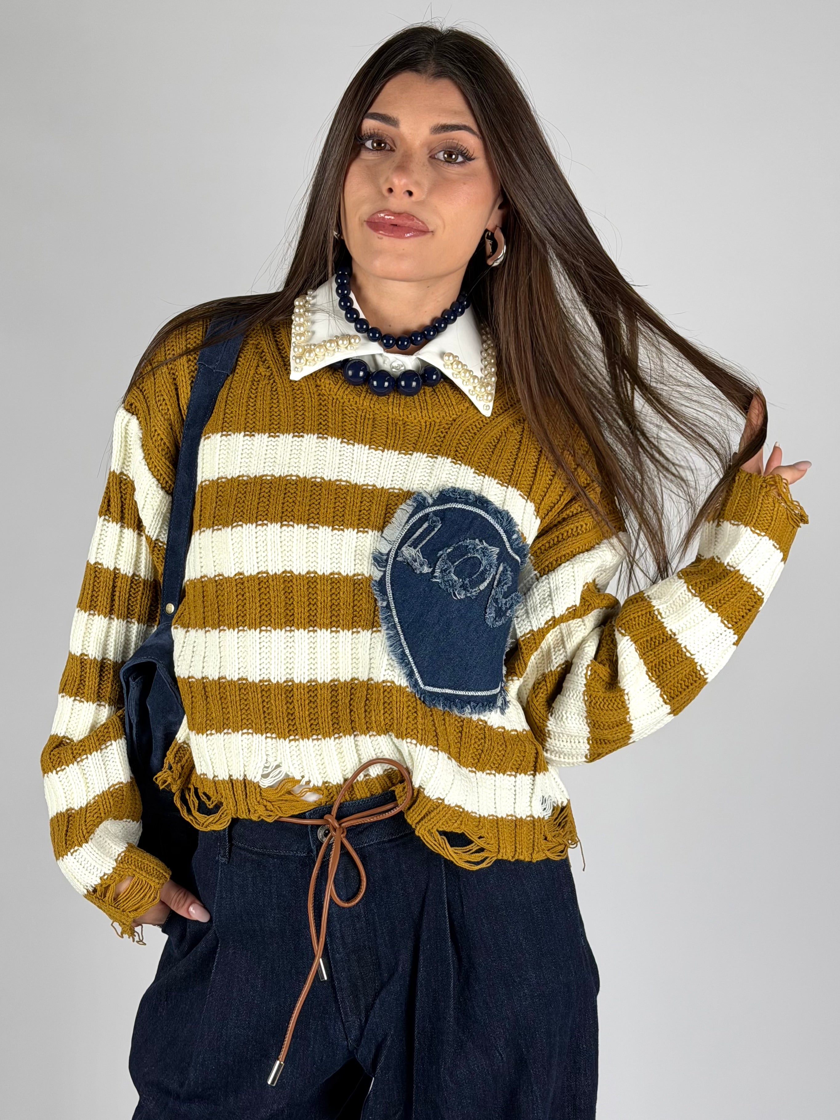 Maglia cuore denim senape