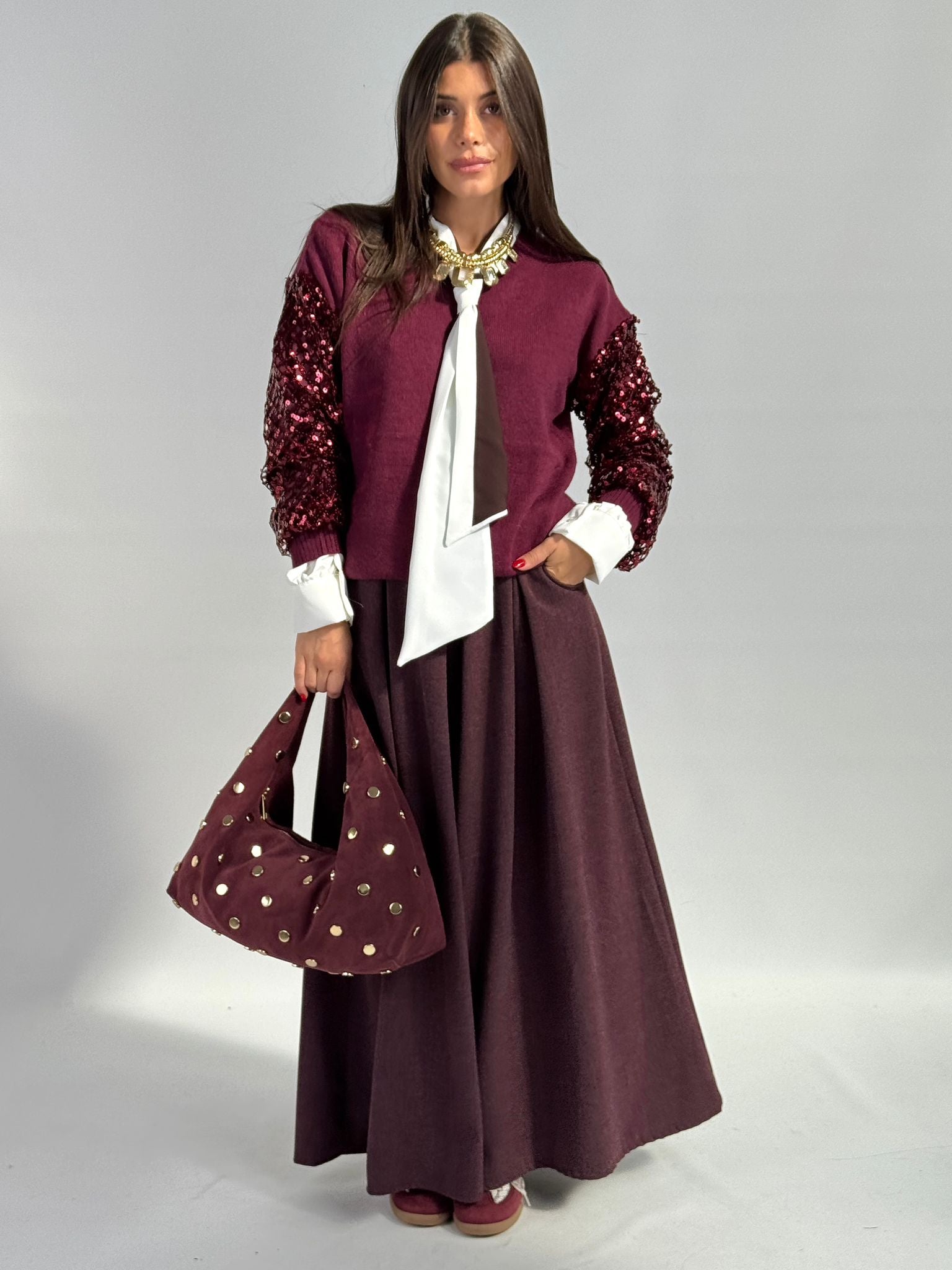 Maglioncino maniche paillettes bordeaux