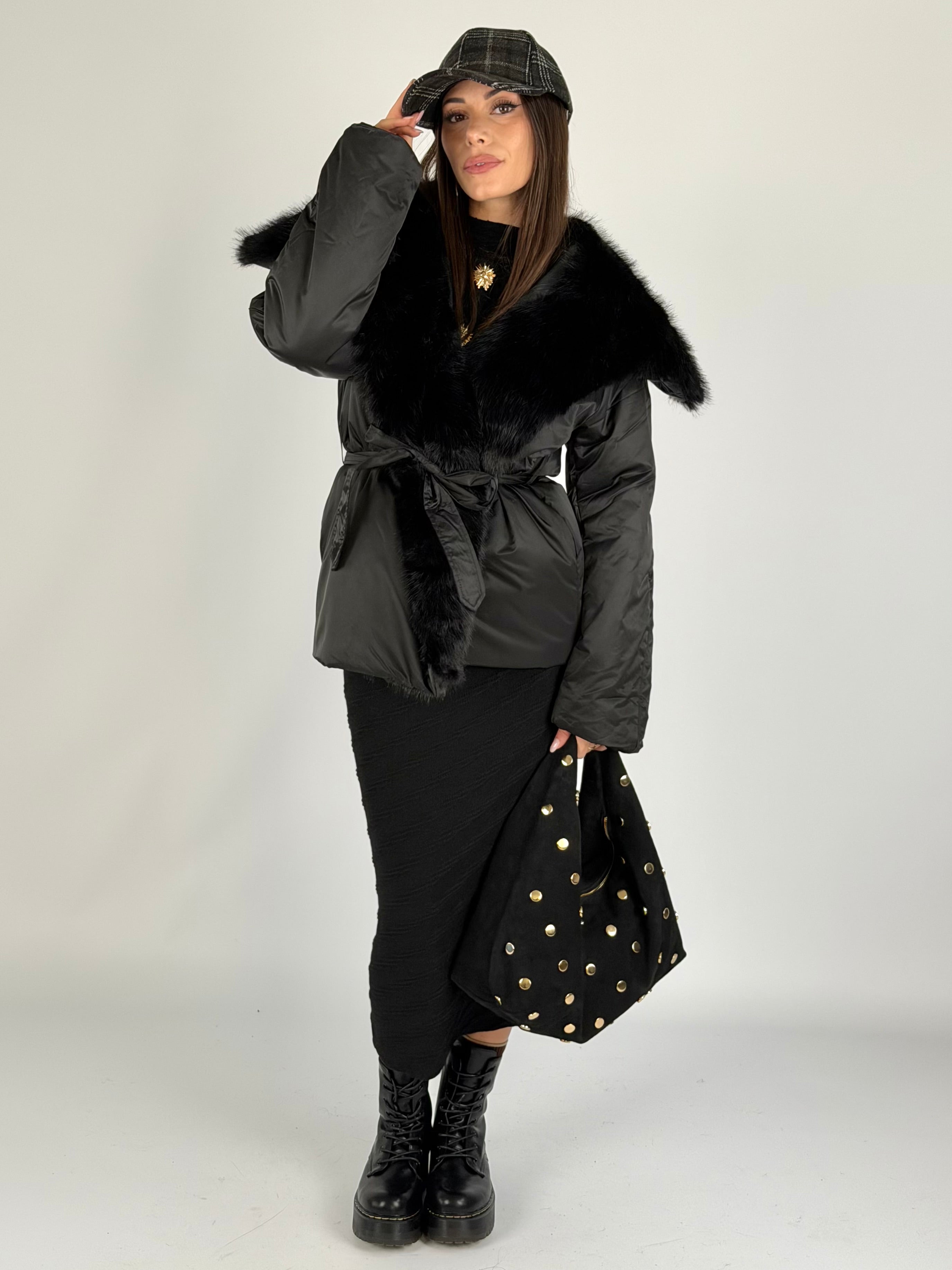 Piumino maxi eco pelliccia nero