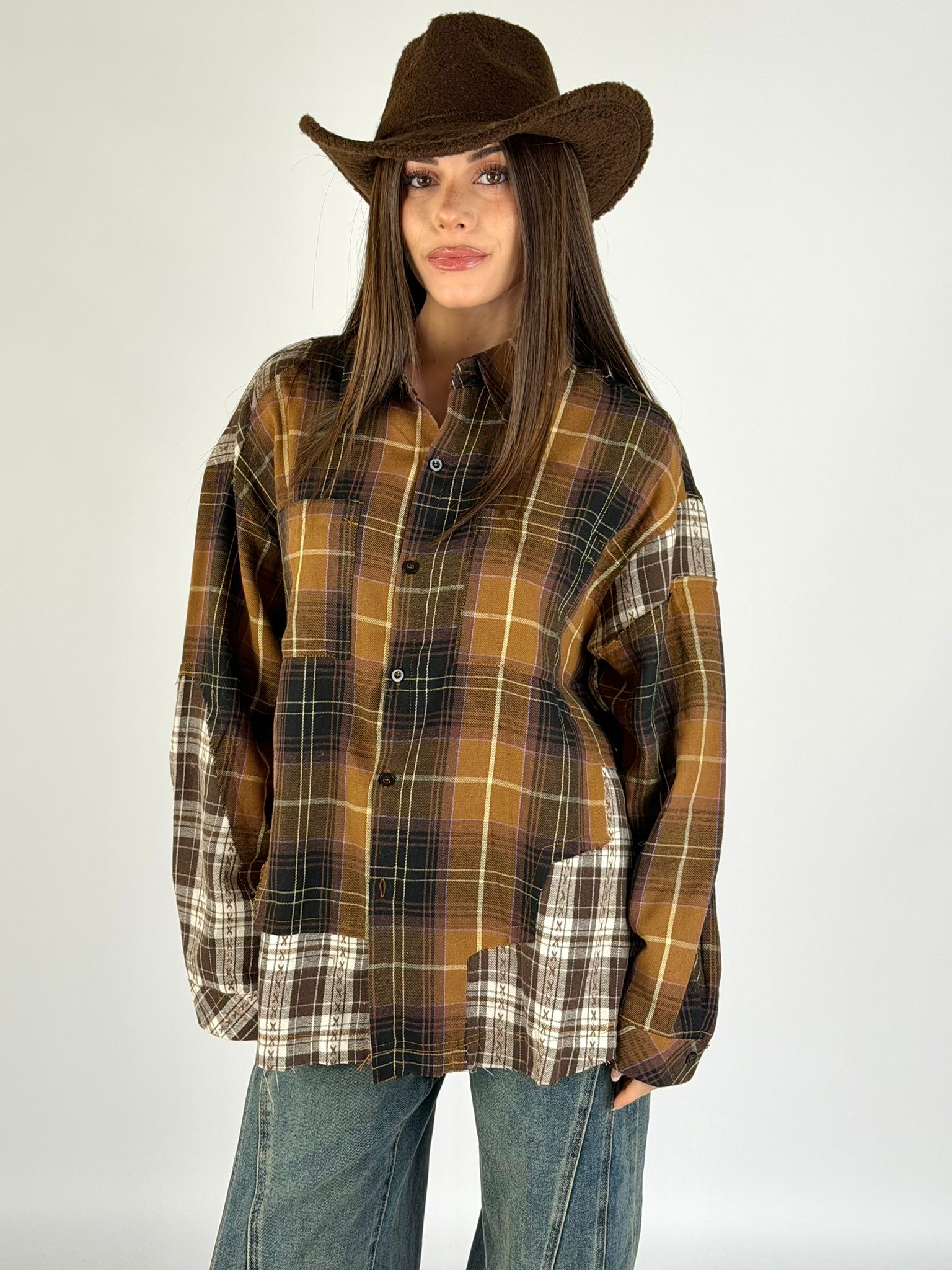 Camicia check doppia fantasia tabacco