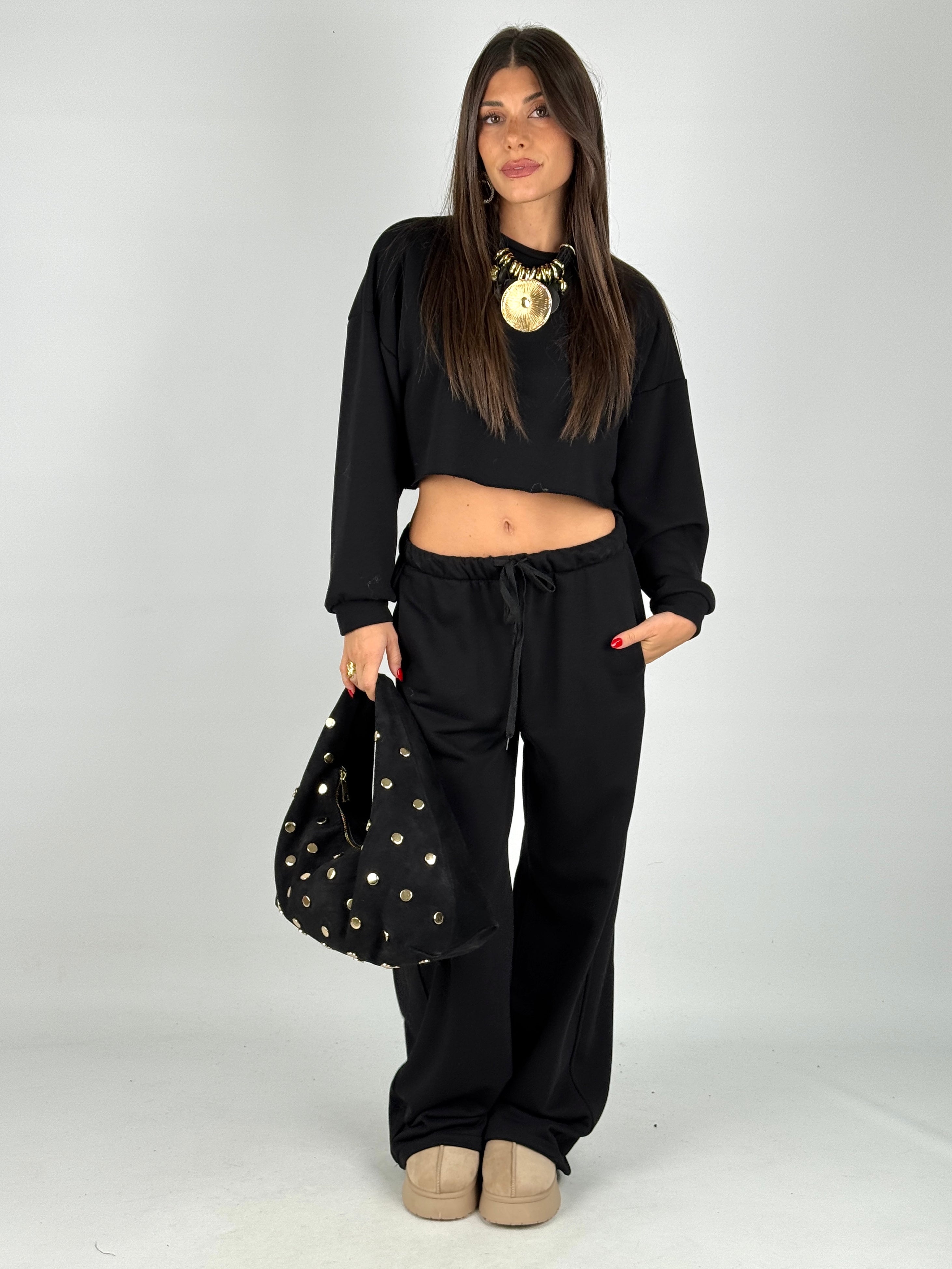 Felpa tuta sportiva crop nera