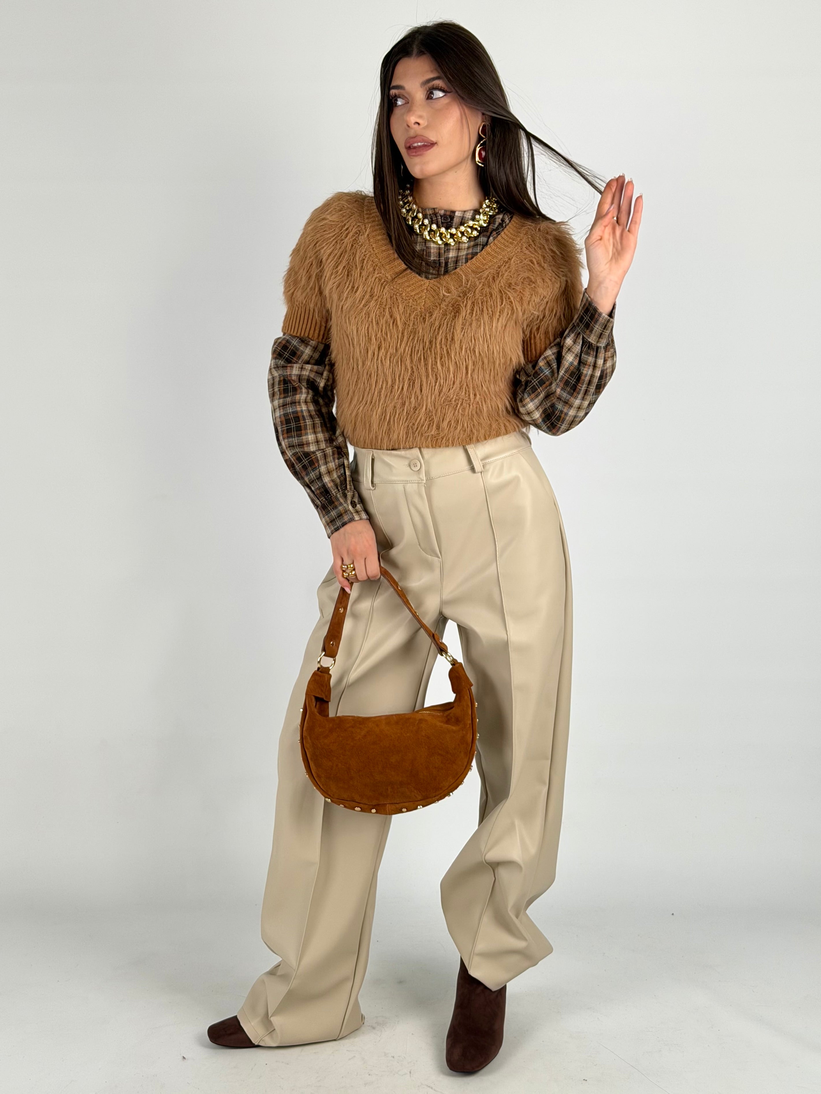 Pantalone ecopelle beige