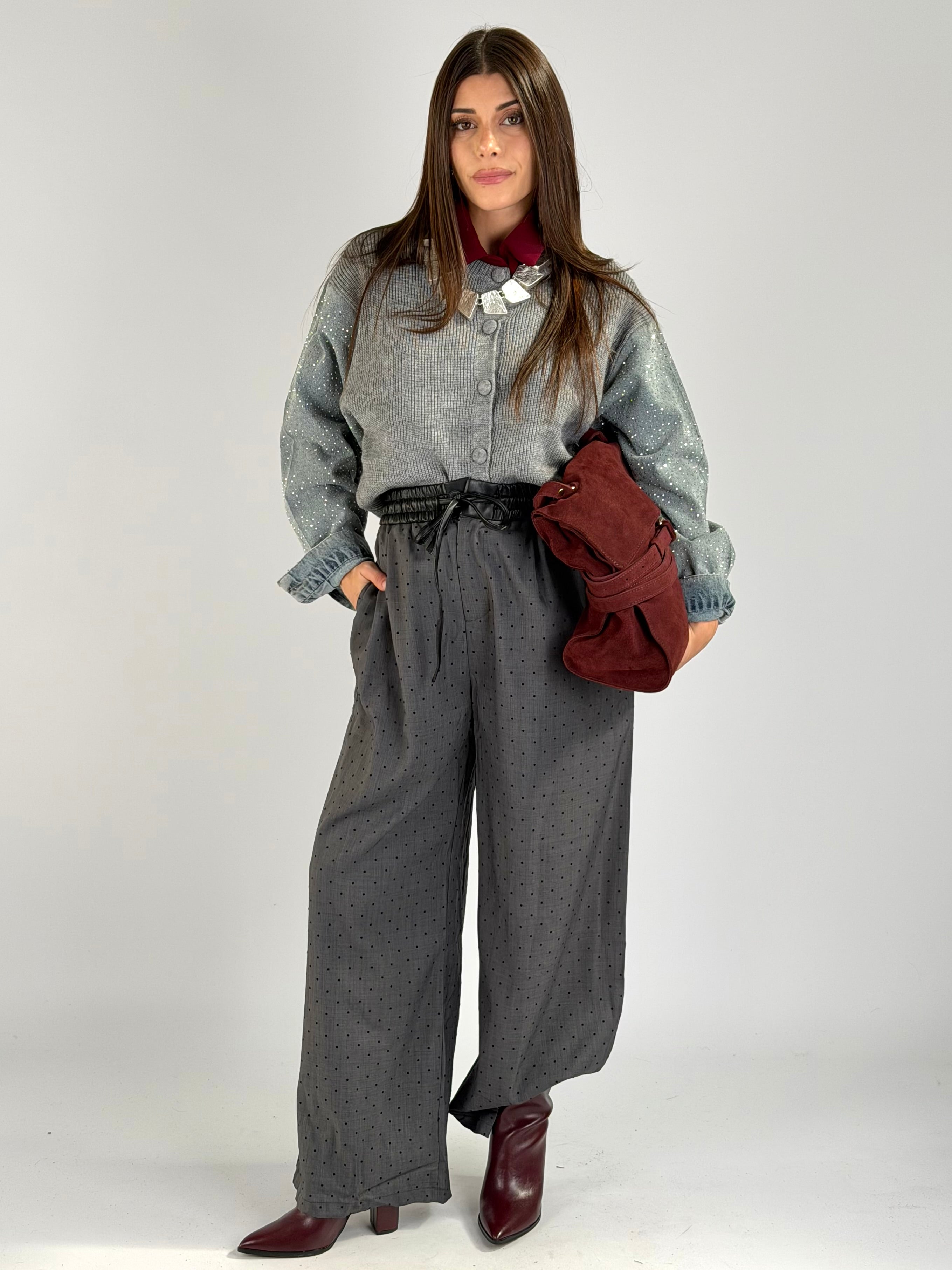 Maglia maniche denim zirconi grigio