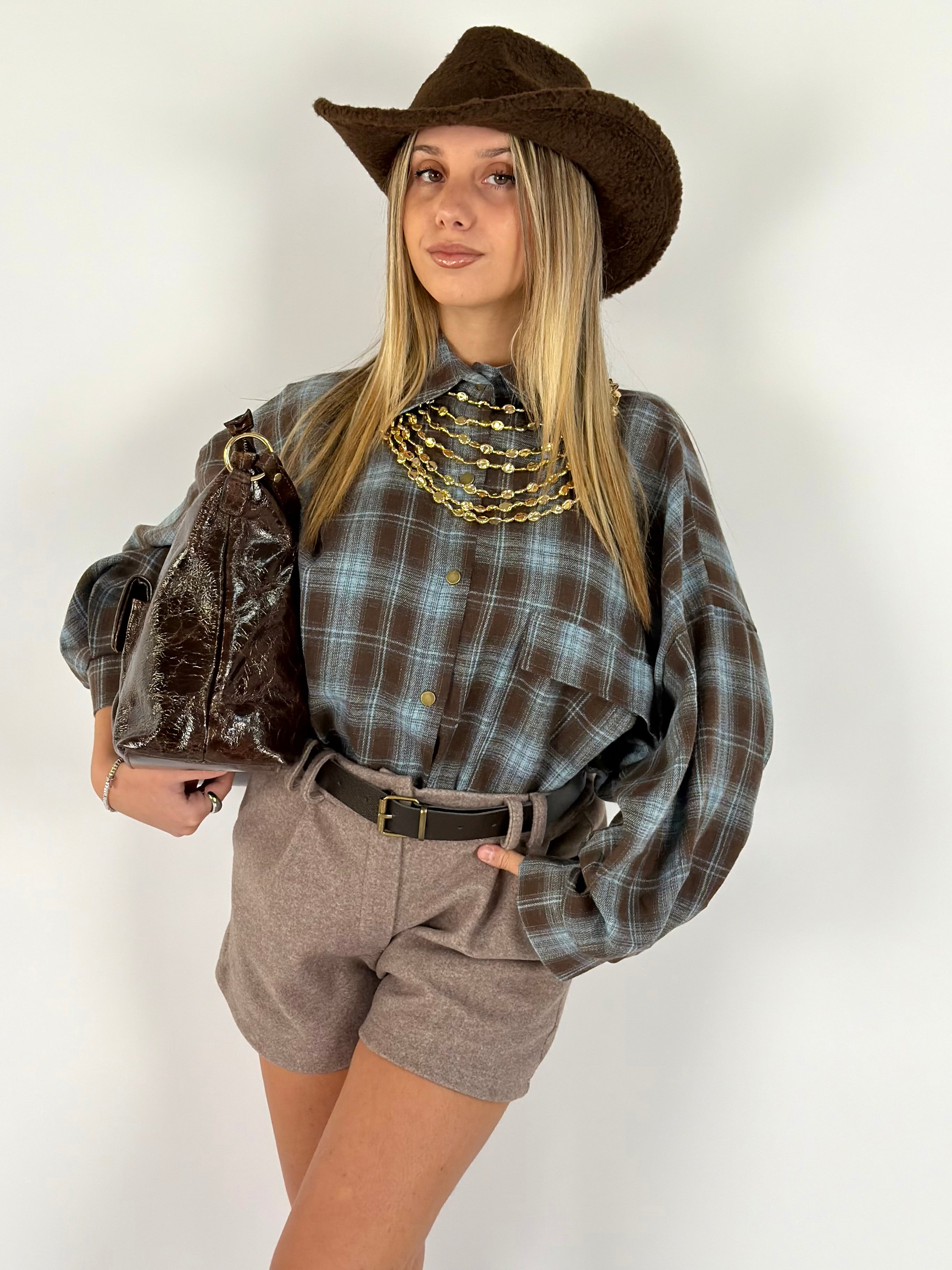 Camicia check Greta celeste