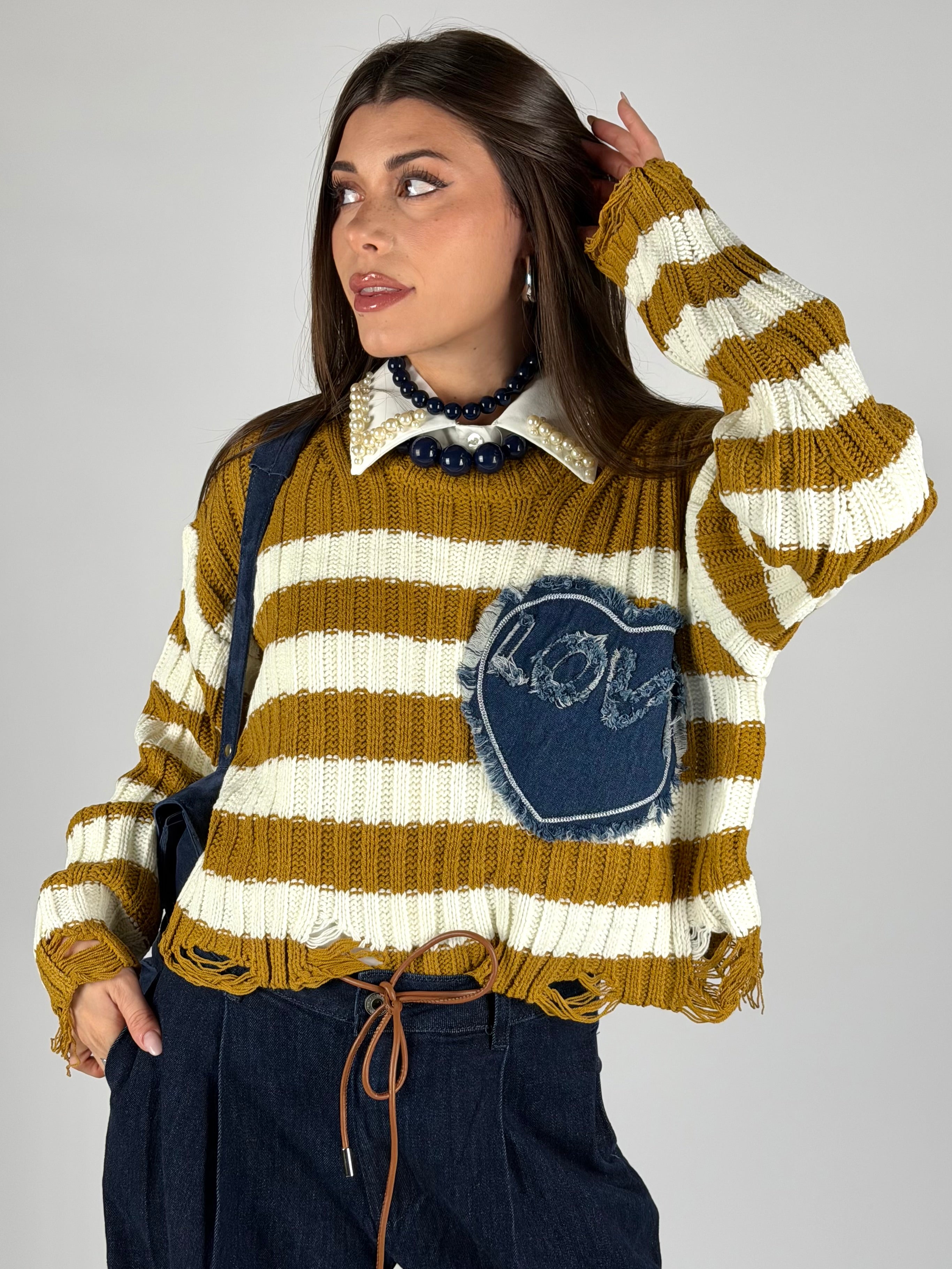 Maglia cuore denim senape