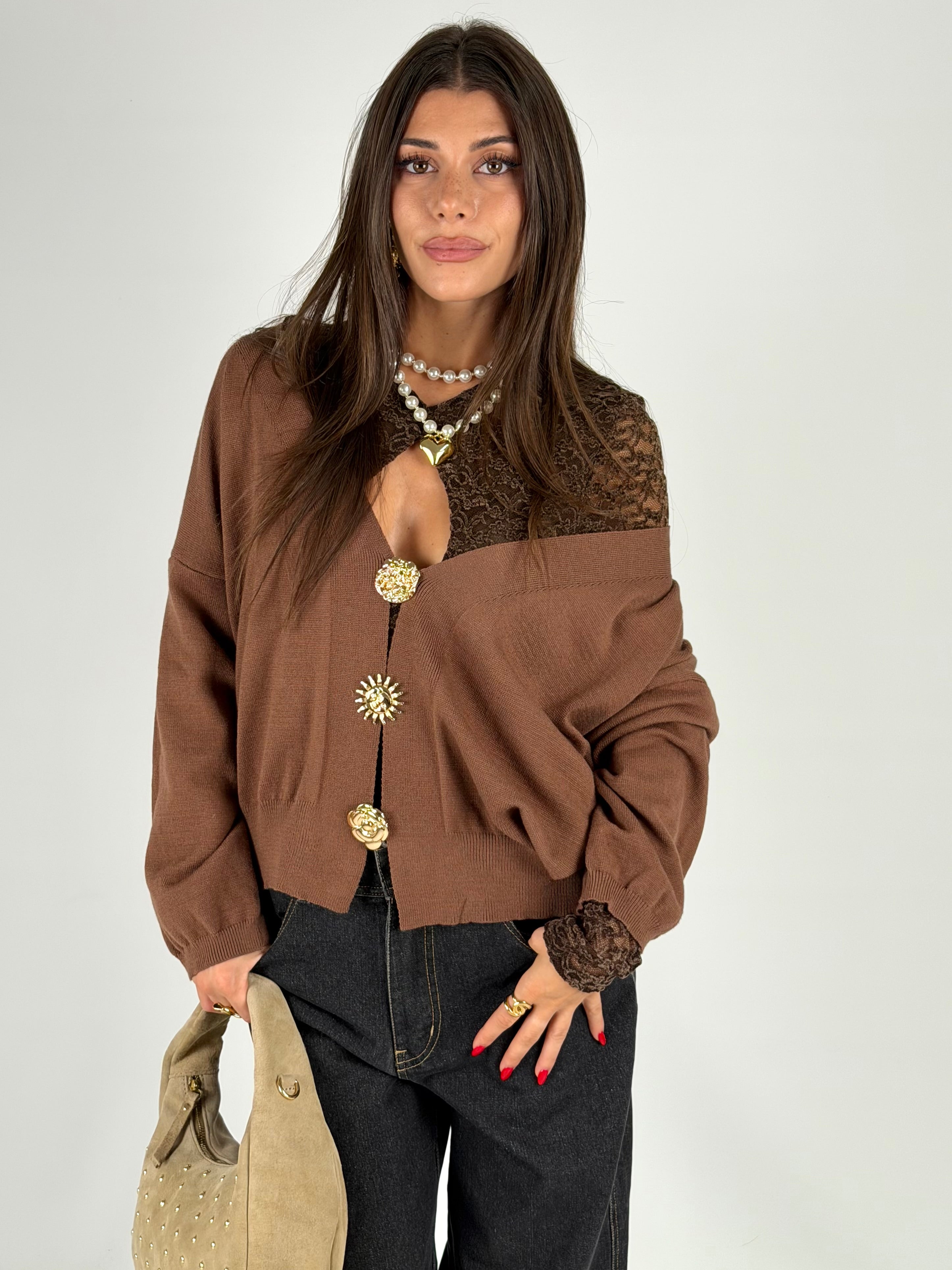 Cardigan bottoni gioiello moro