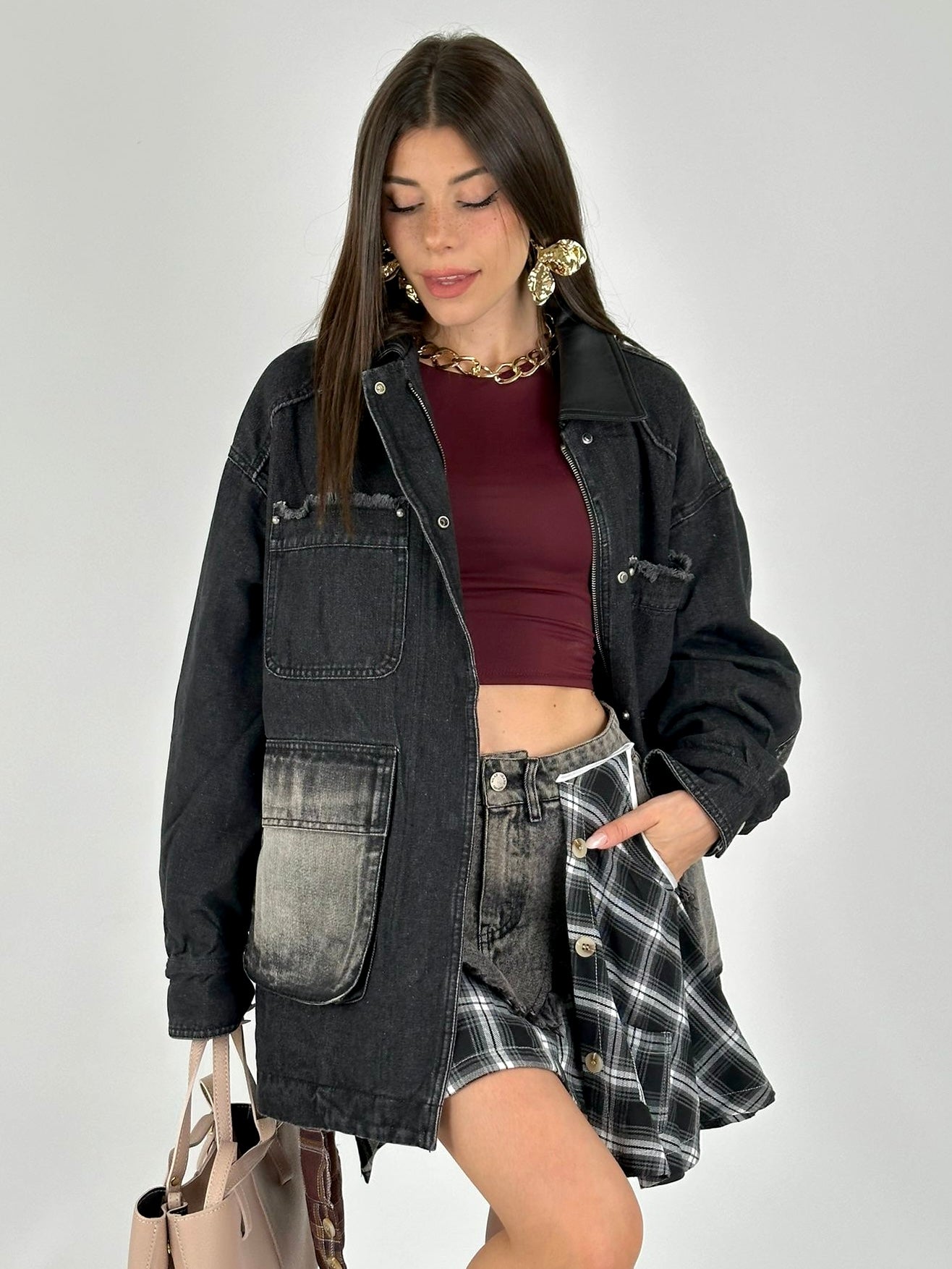 Giubbino denim inserti ecopelle