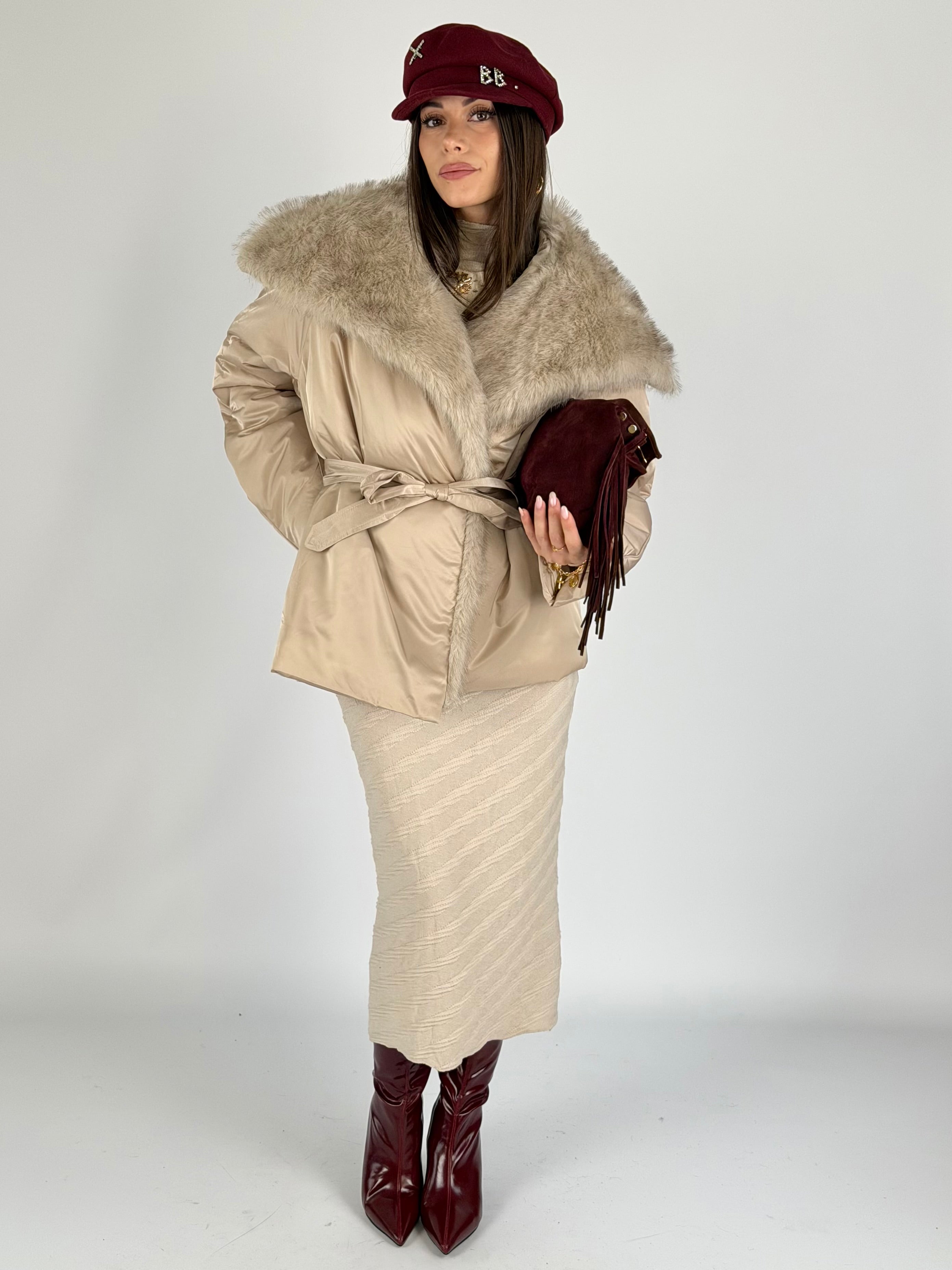 Piumino maxi eco pelliccia beige