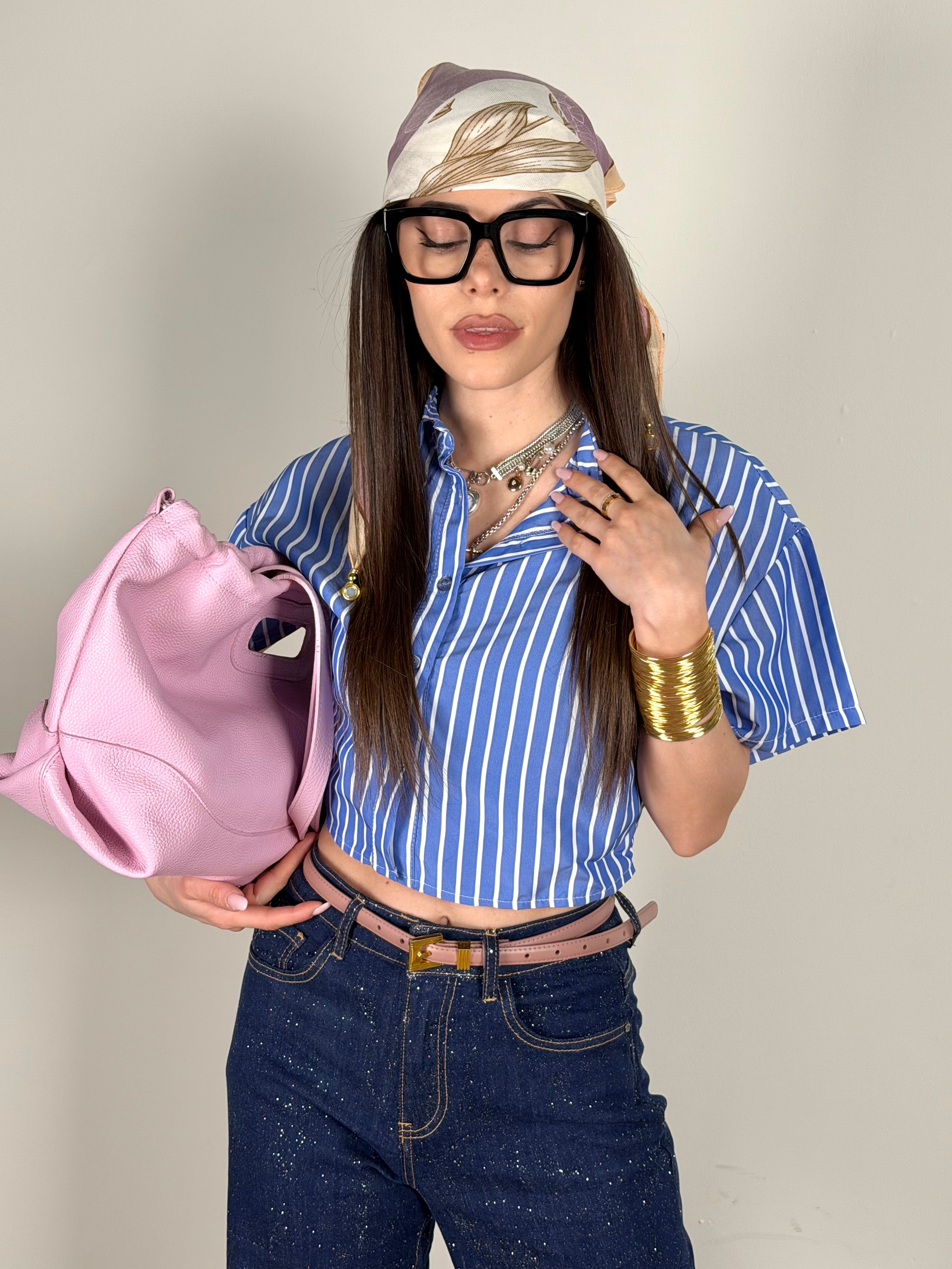 Camicia gessata fiocco celeste