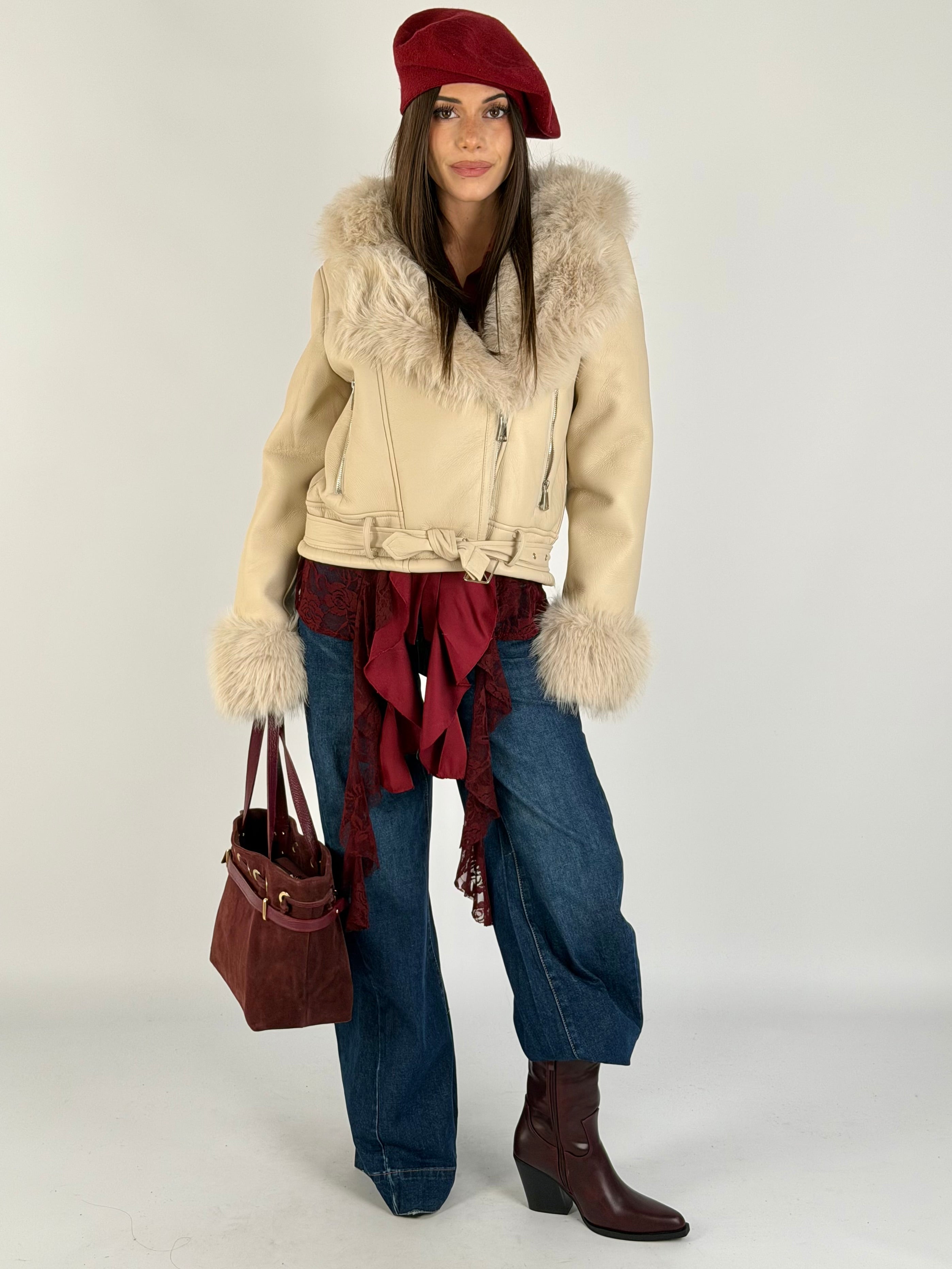 Chiodo con eco pelliccia beige