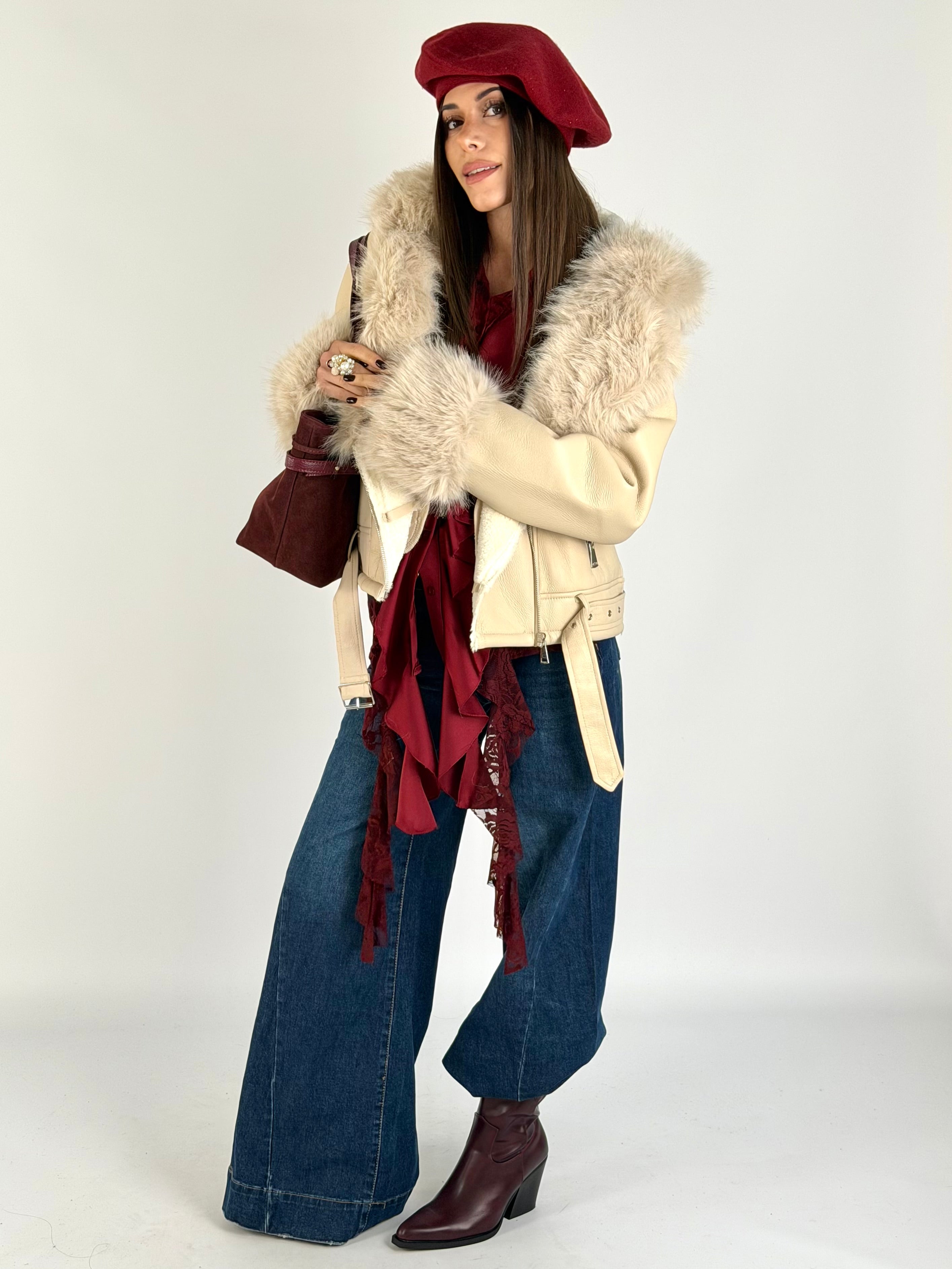 Chiodo con eco pelliccia beige