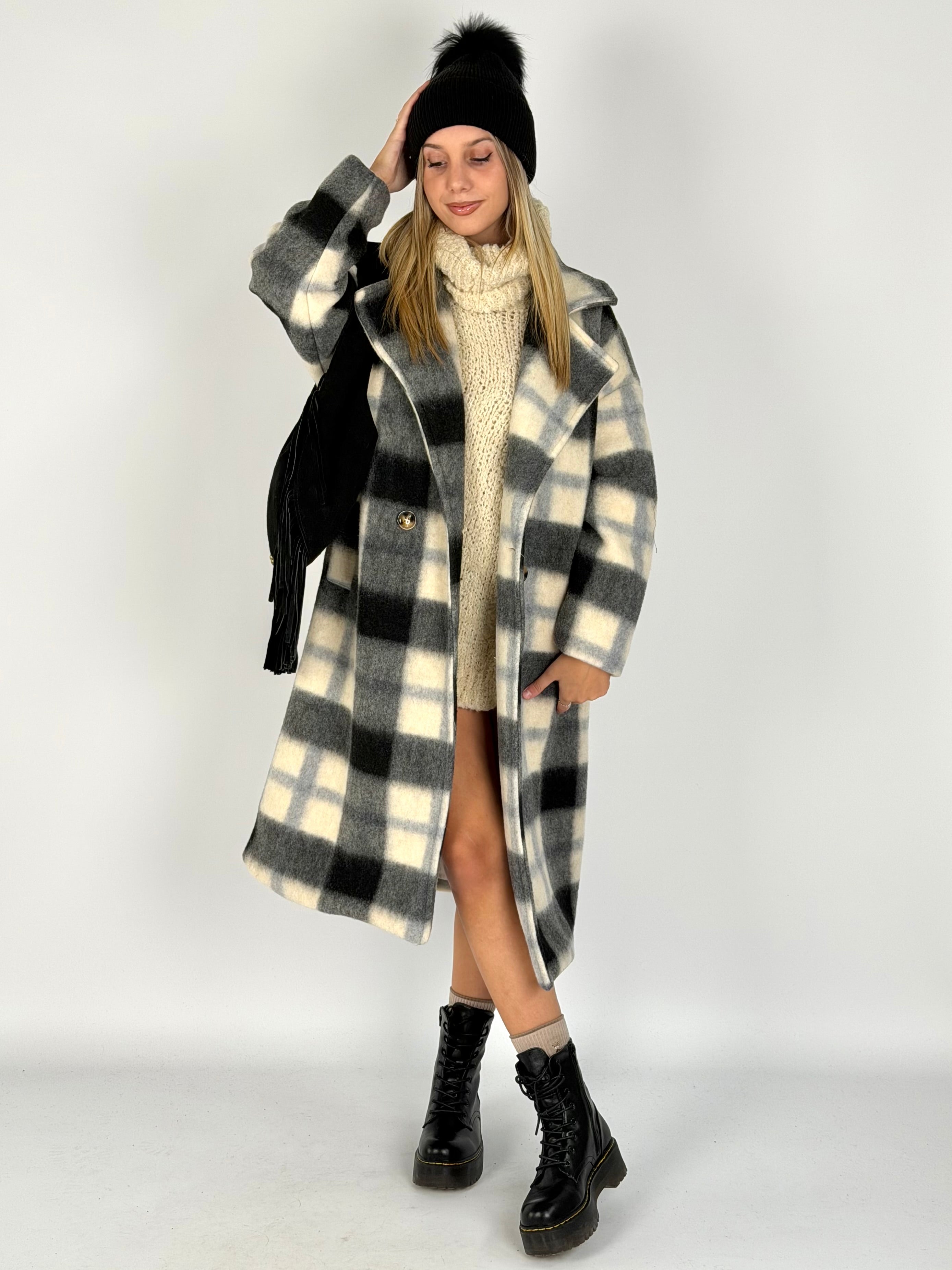 Maxi cappotto check lungo nero