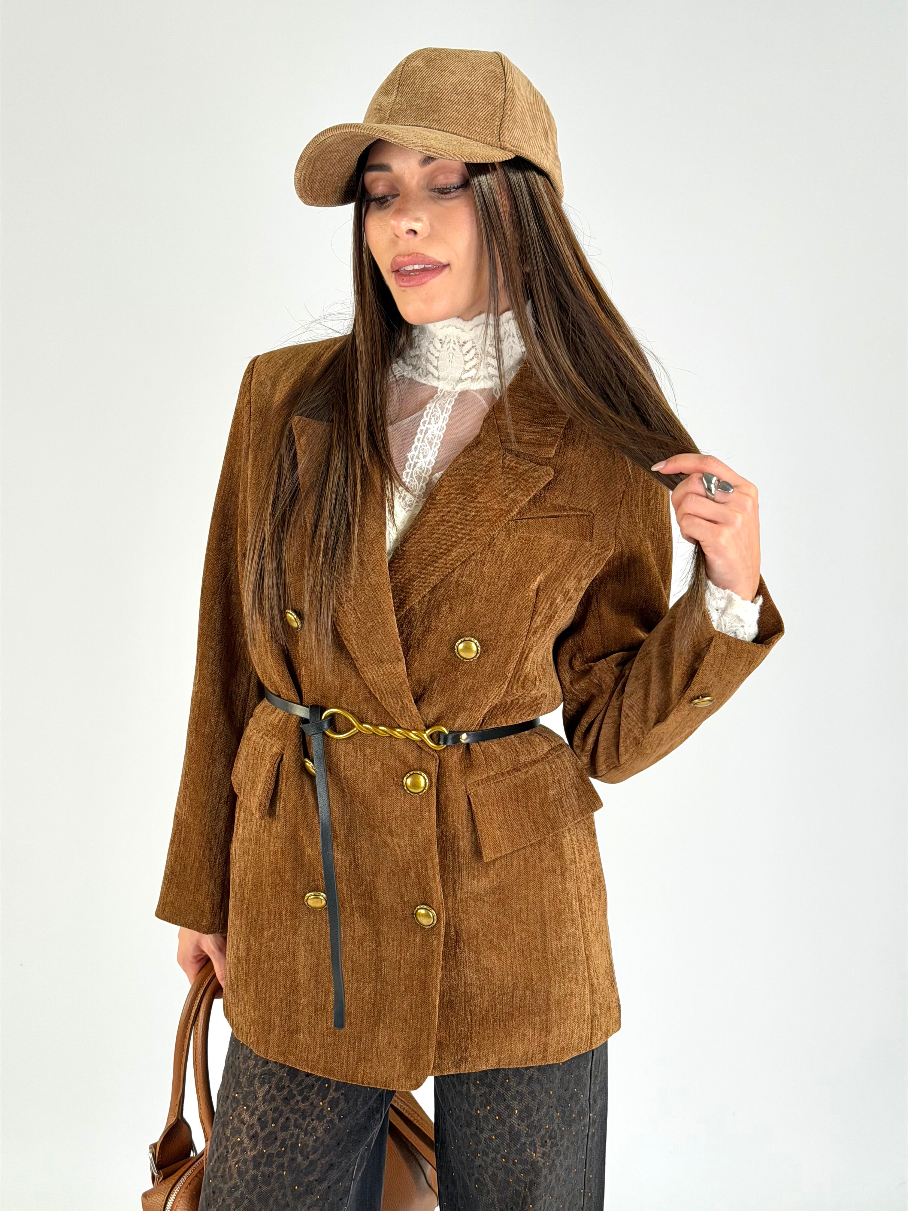 Giacca scamosciata doppio petto tabacco