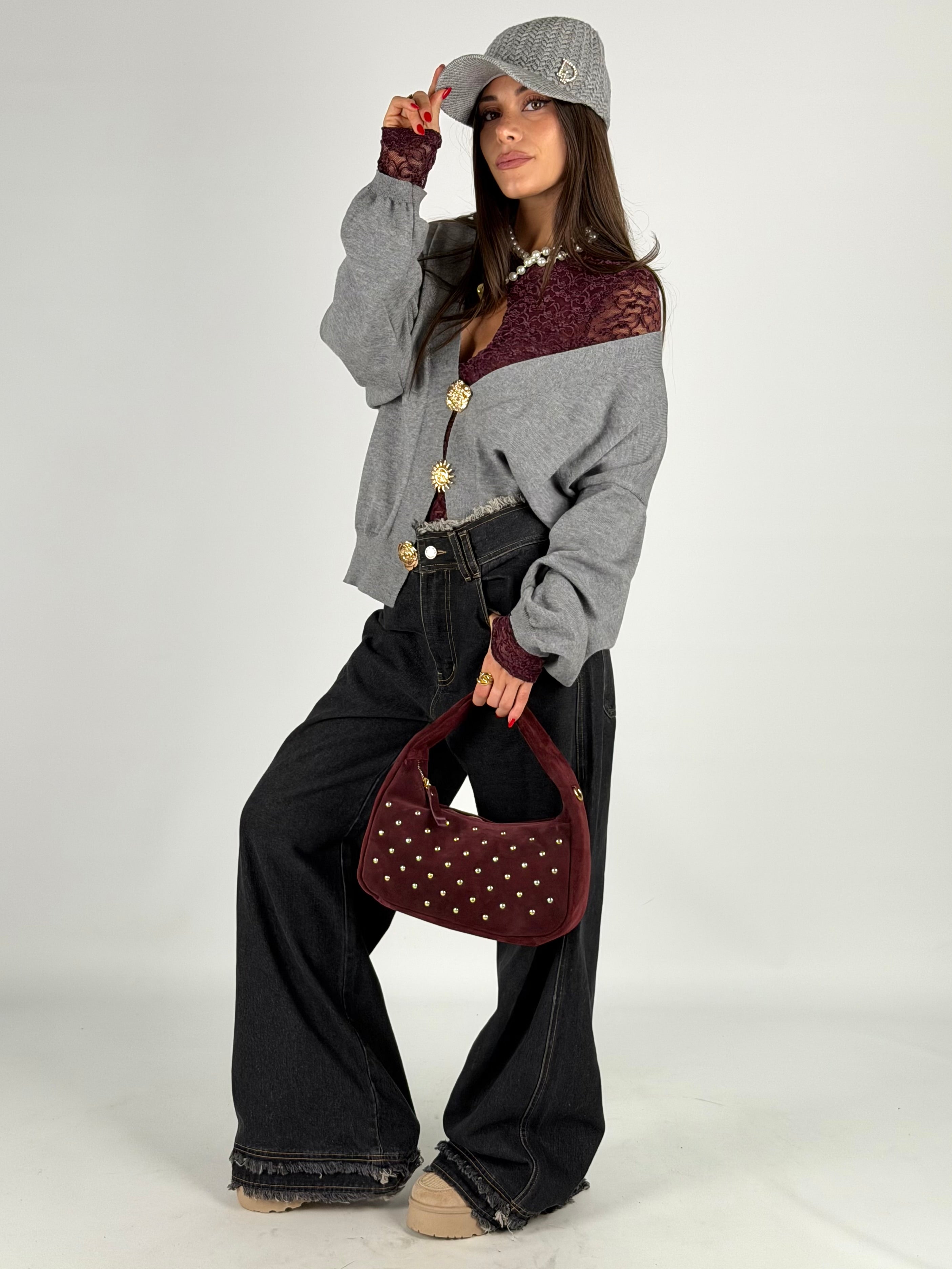 Cardigan bottoni gioiello grigio