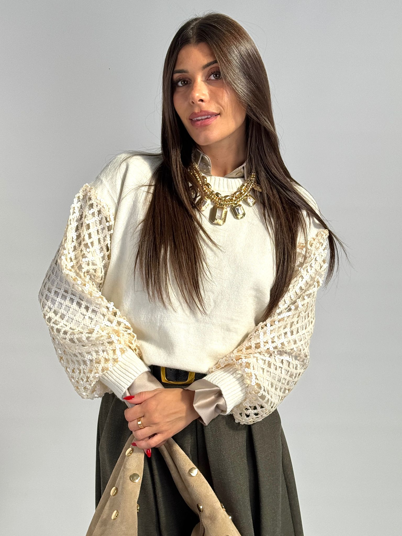 Maglioncino maniche paillettes beige