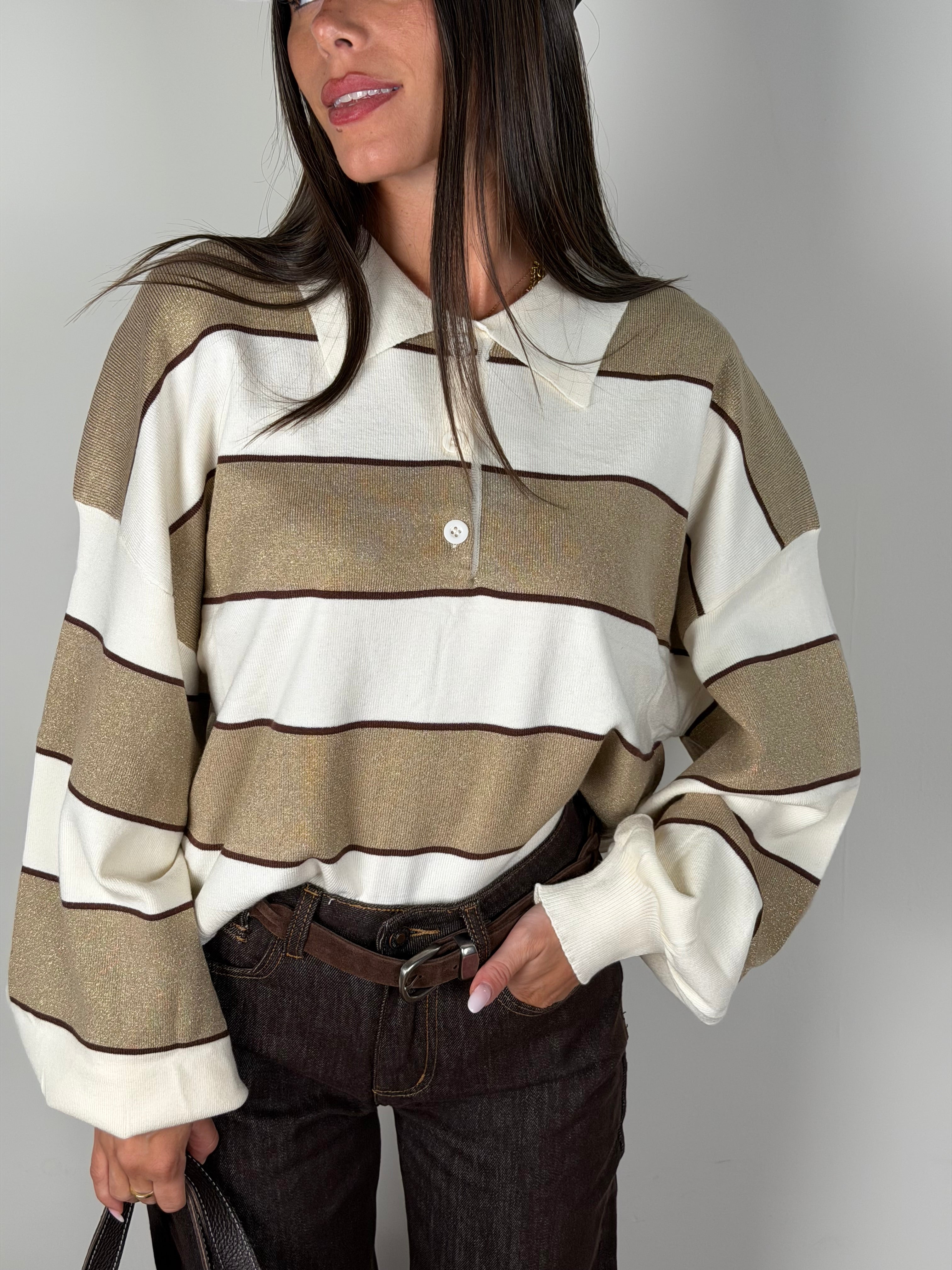 Maglia polo righe beige