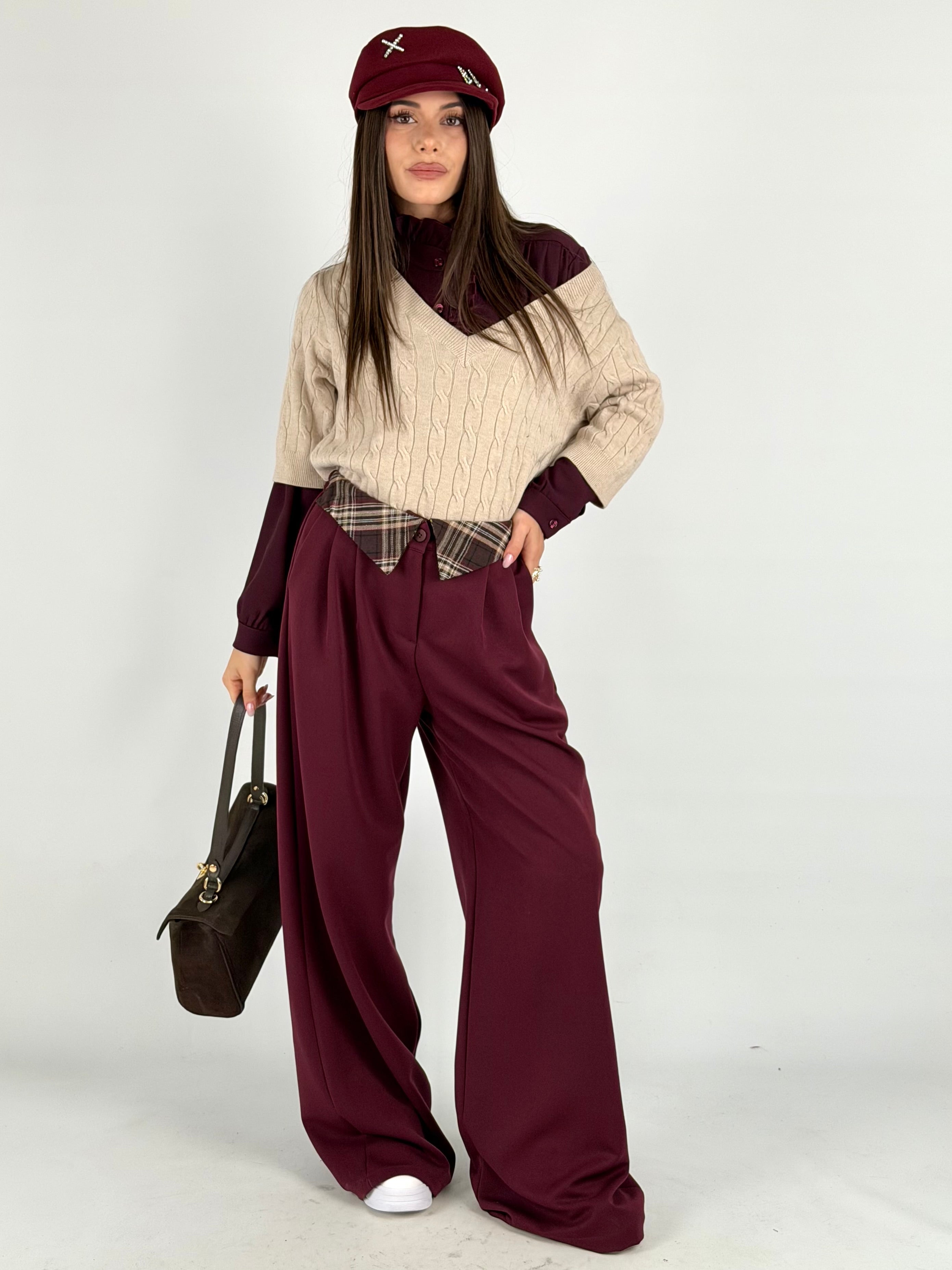 Pantalone risvolto check bordeaux
