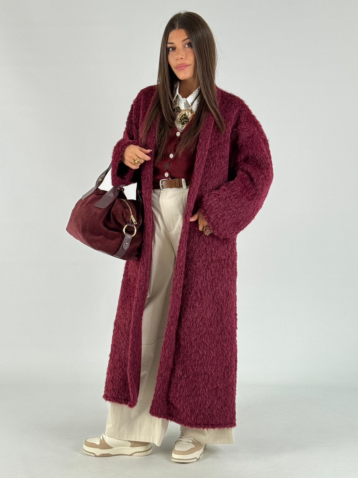 Cappotto Pelliccia lunga bordeaux