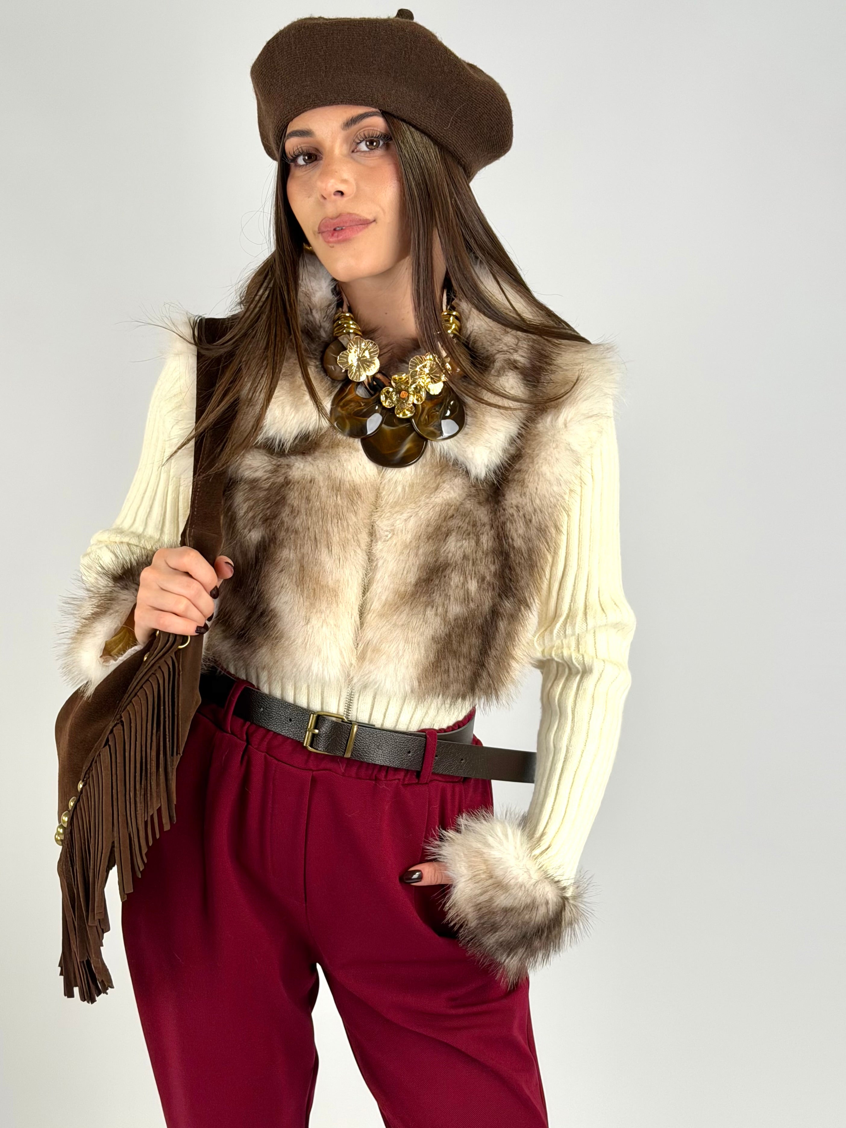 Maglia con pelliccia panna