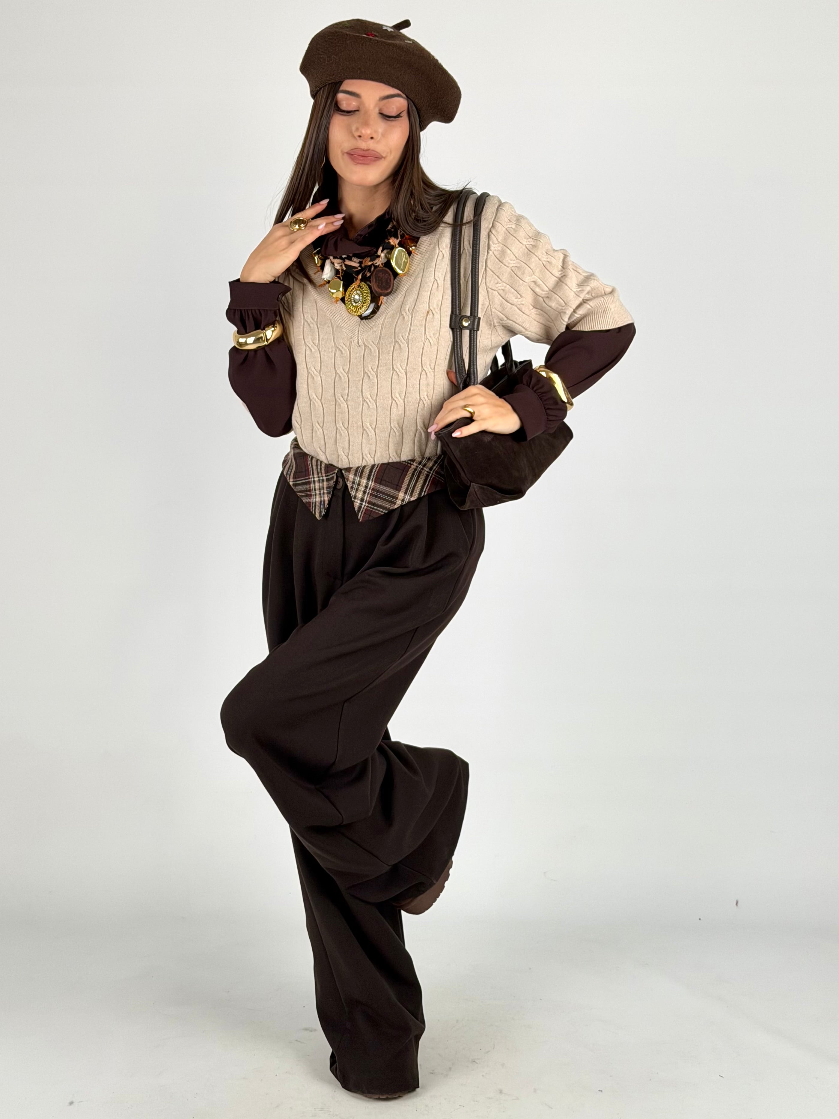 Pantalone risvolto check moro