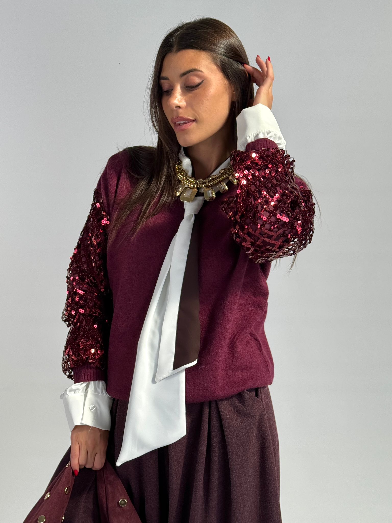 Maglioncino maniche paillettes bordeaux