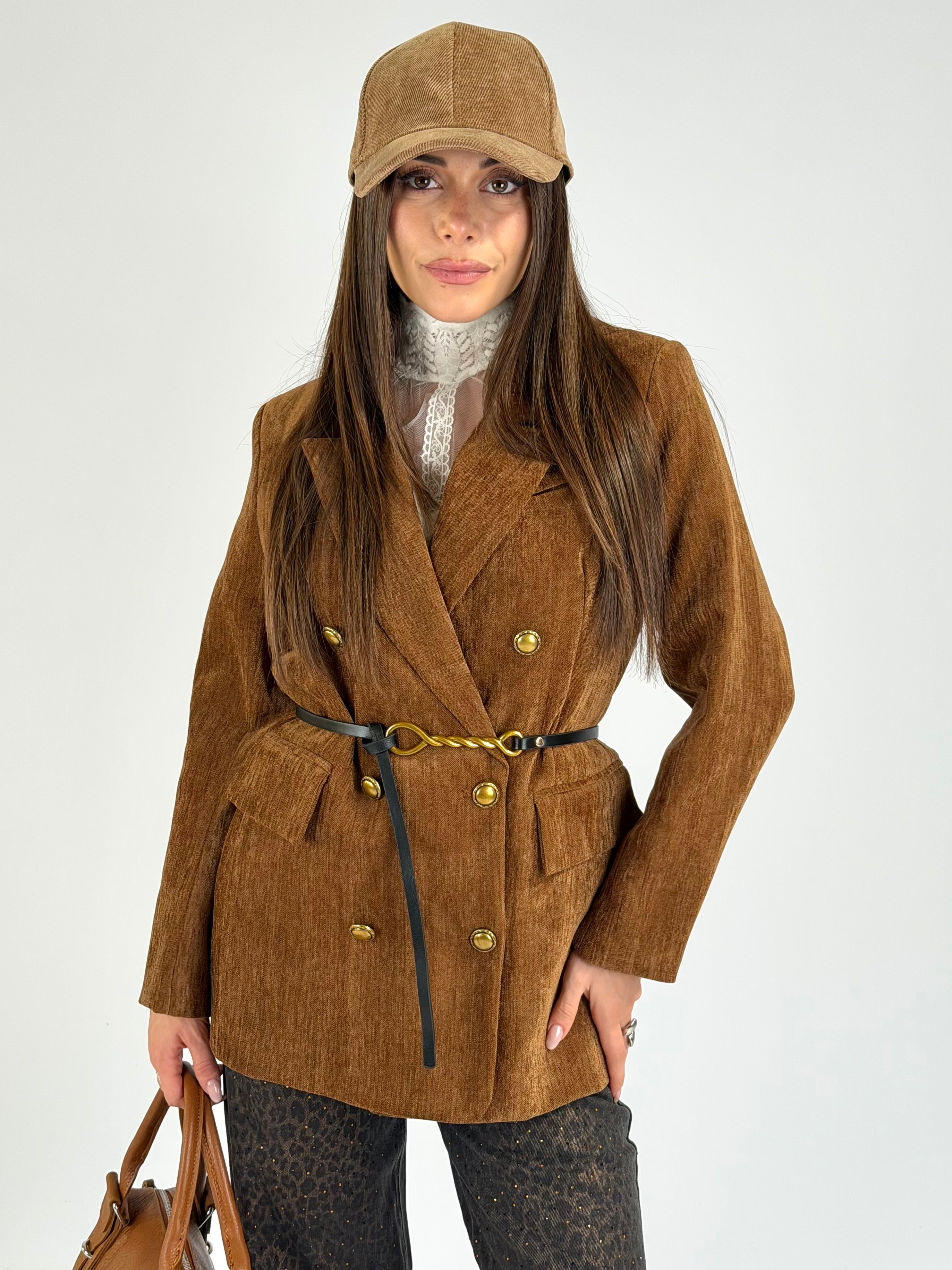 Giacca scamosciata doppio petto tabacco