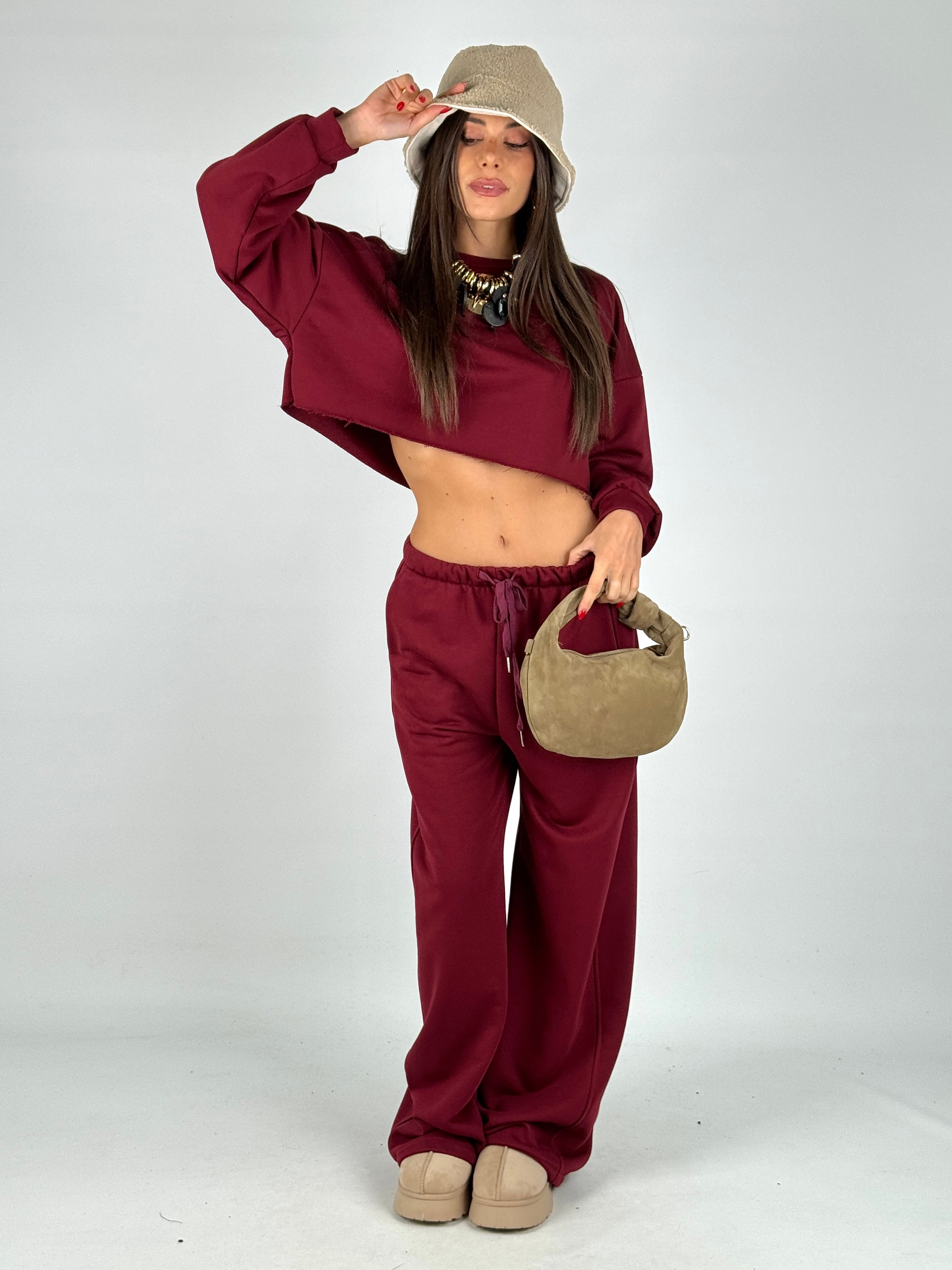 Felpa tuta sportiva crop bordeaux