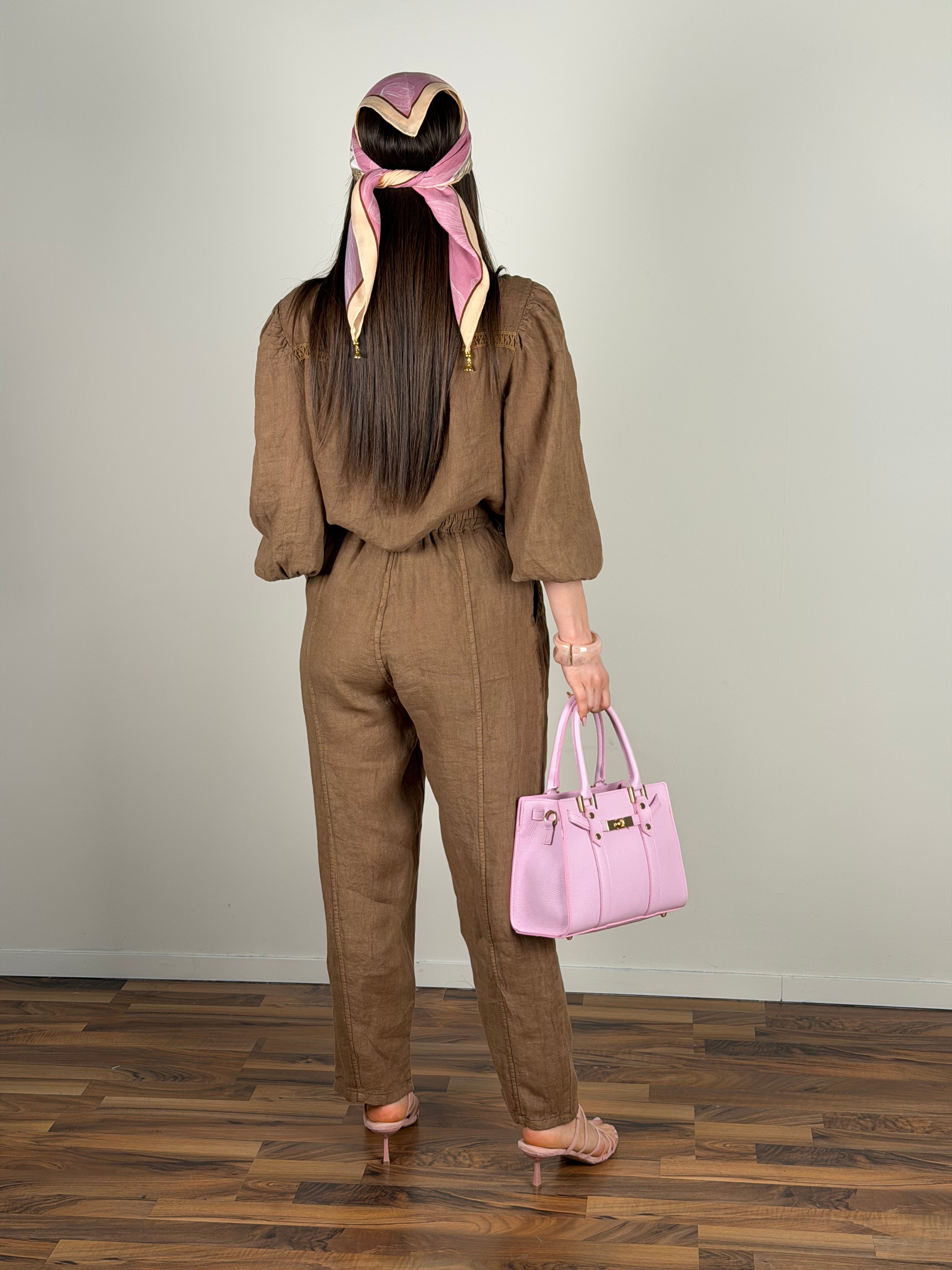 Pantalone Nicole puro lino tabacco