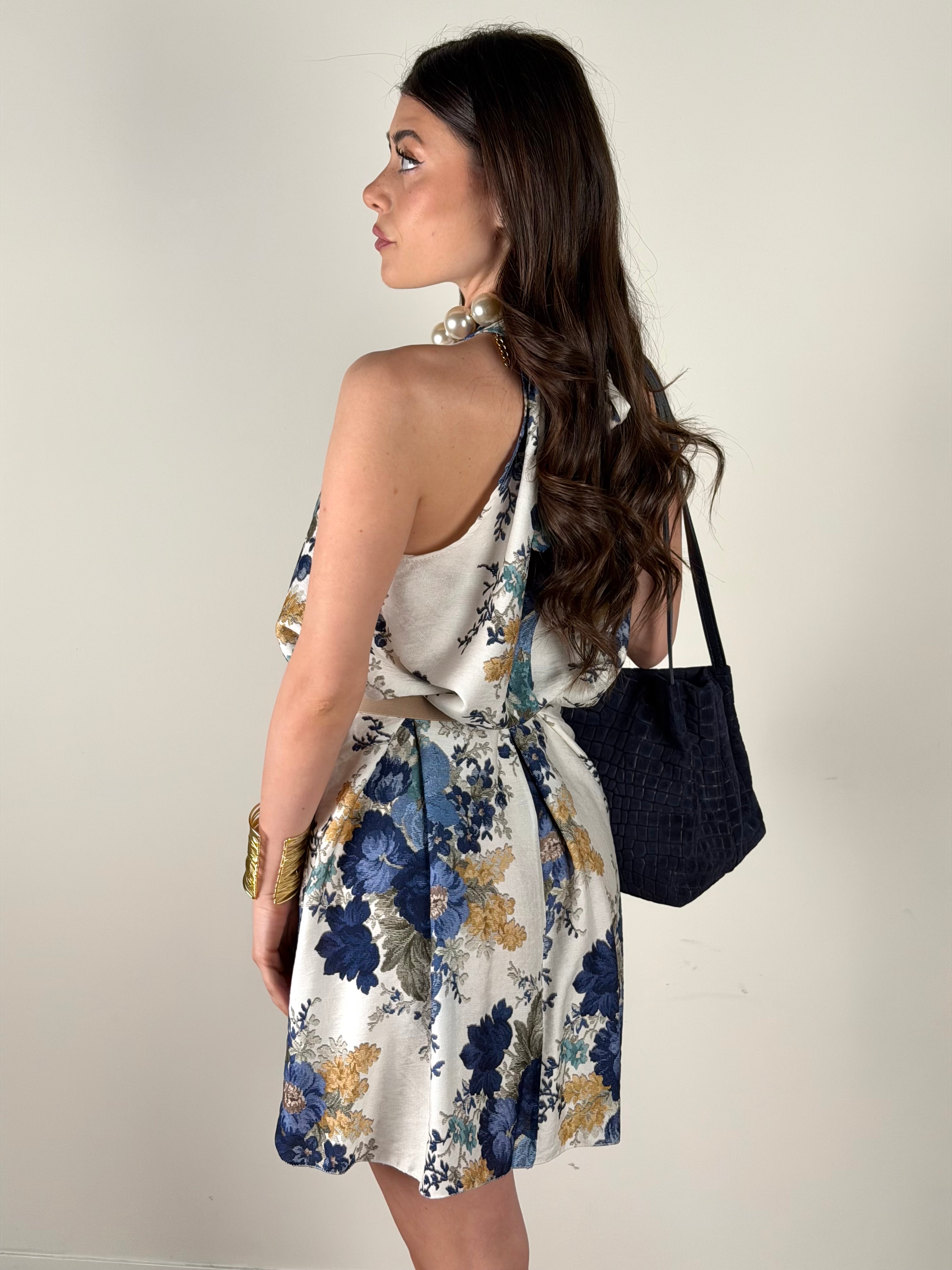 Abito trapezio fiori blu