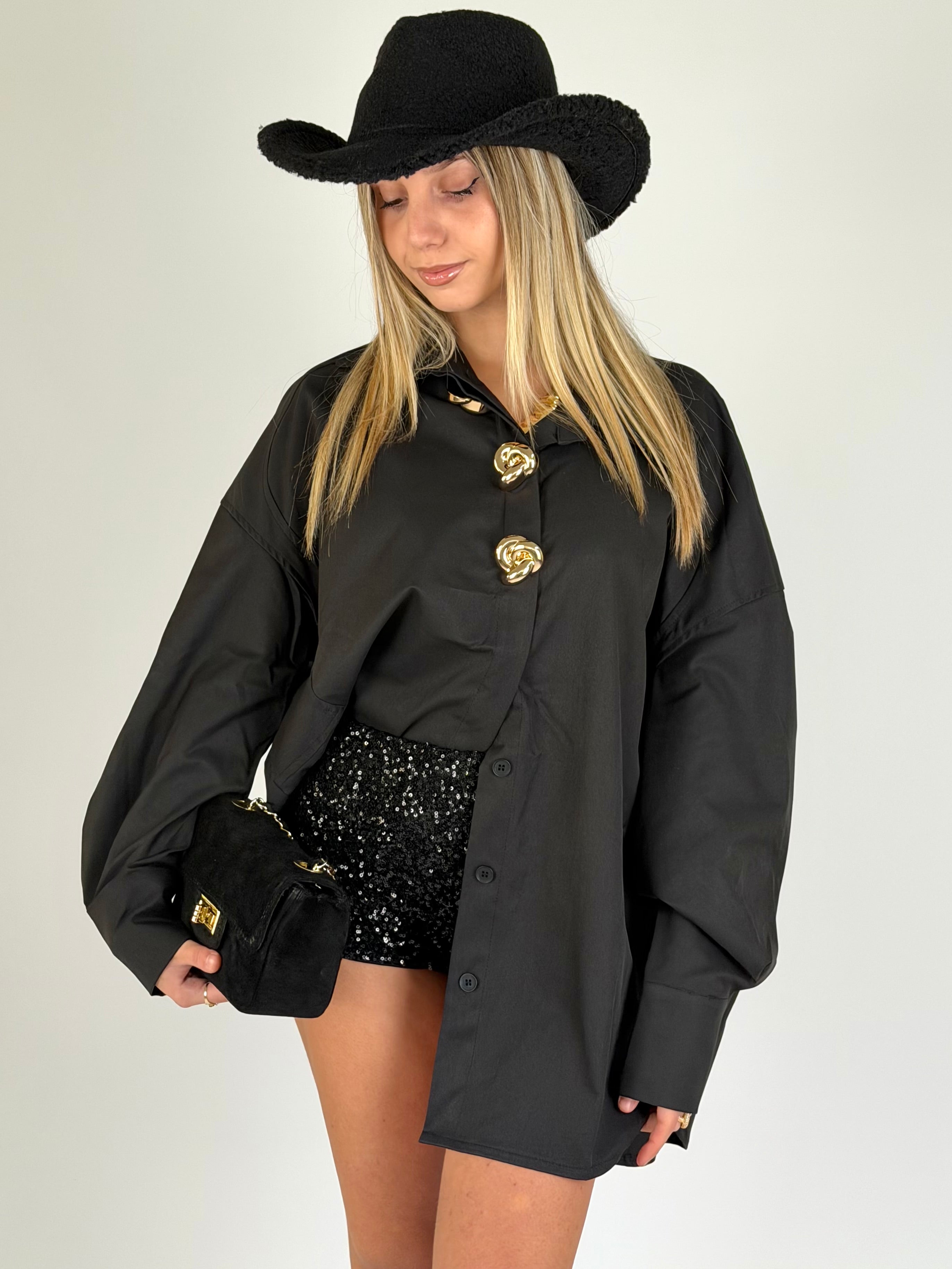 Maxi Camicia applicazioni gioiello nera