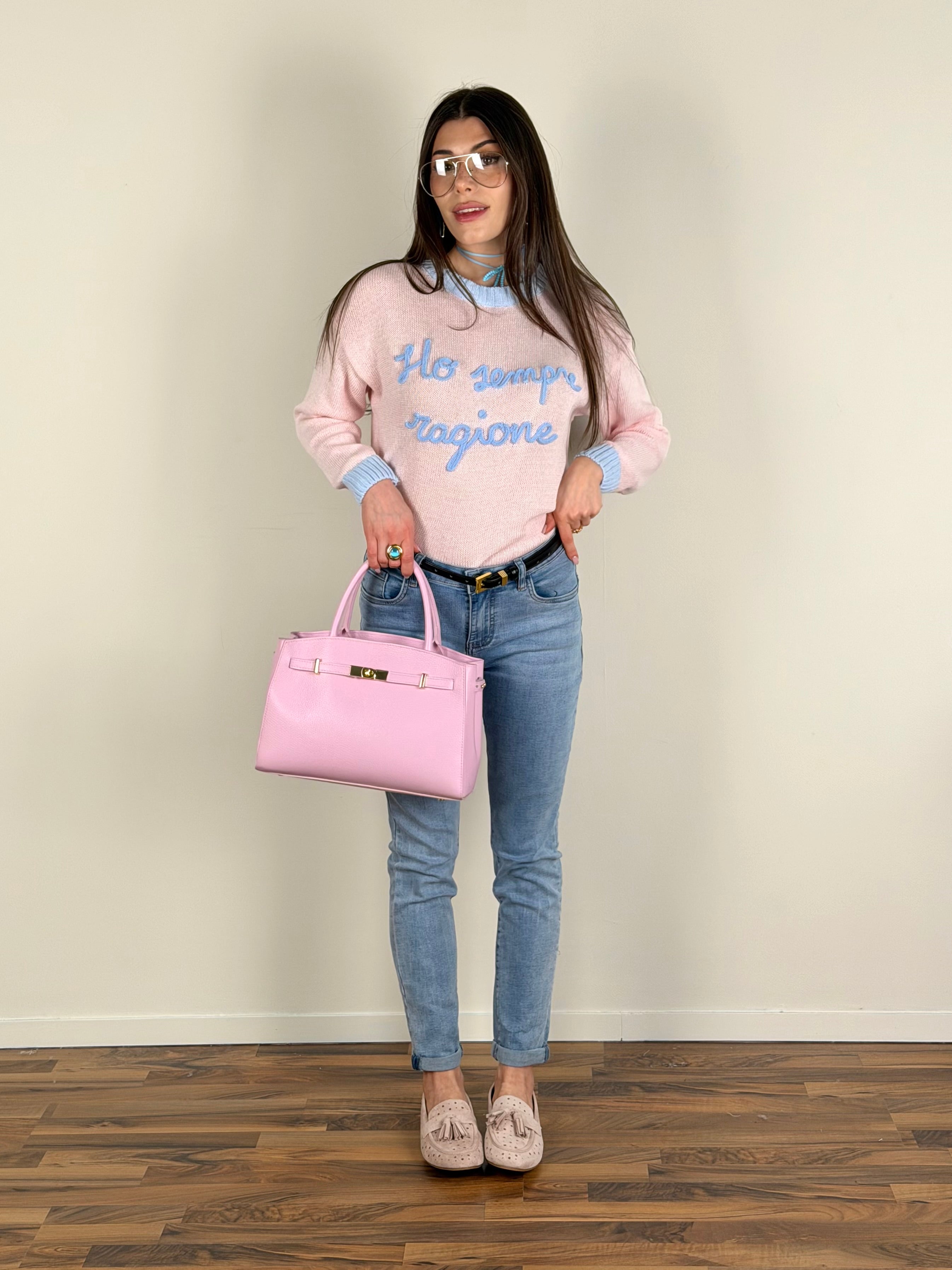 Maglia “ho sempre ragione” base rosa/celeste