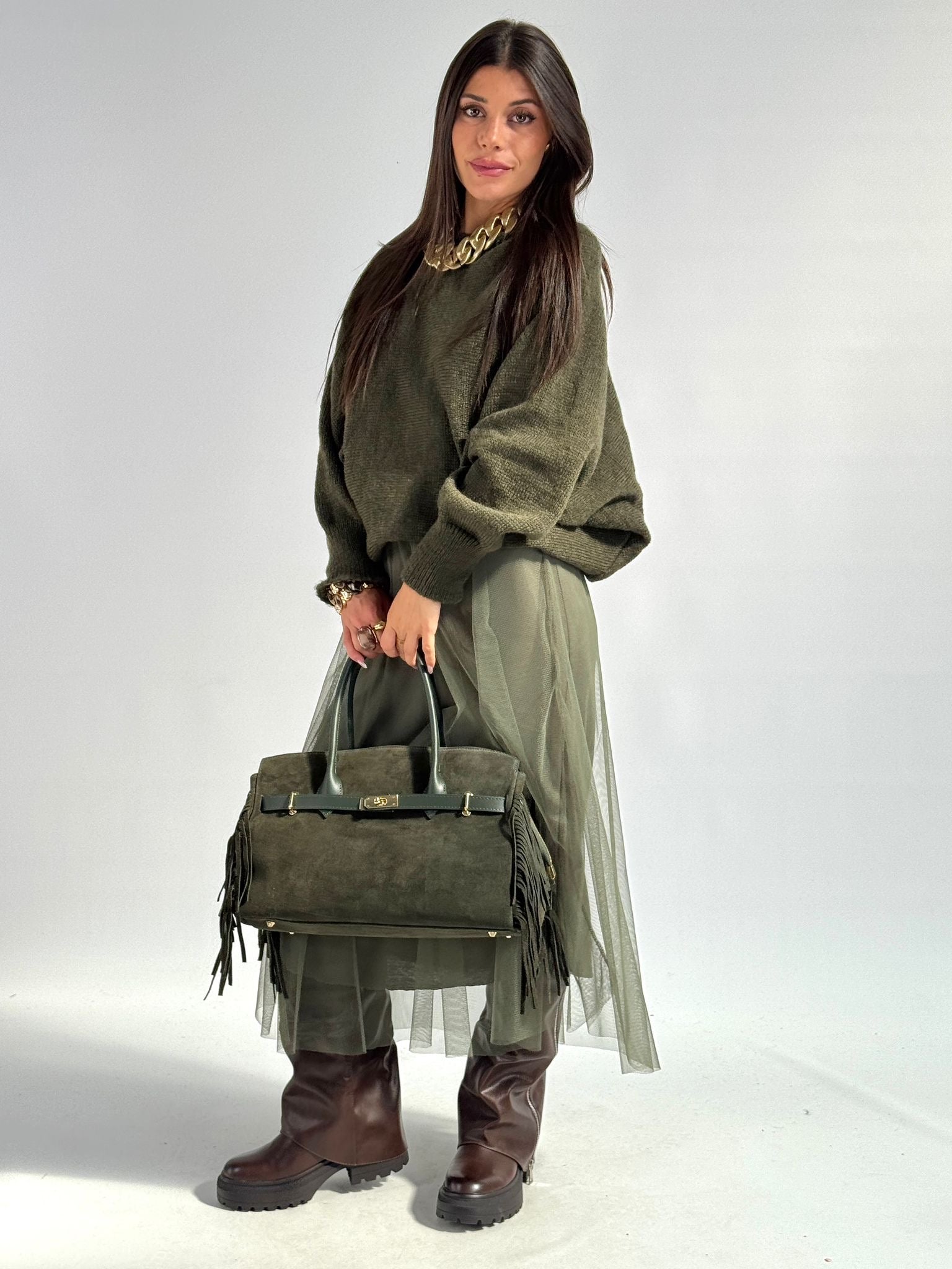 Abito tulle con maglioncino verde