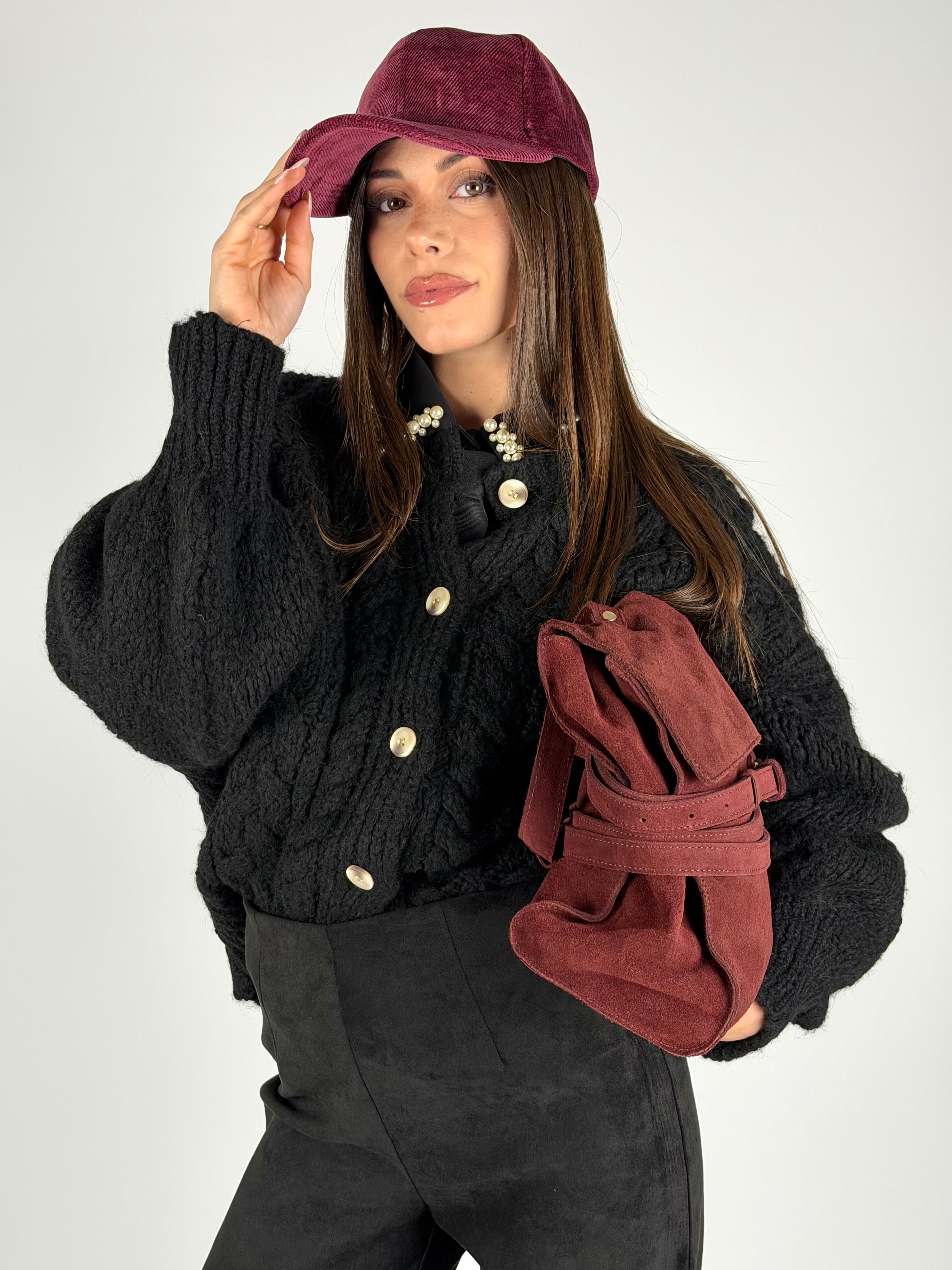 Maglia Cardigan bottoni treccia nero