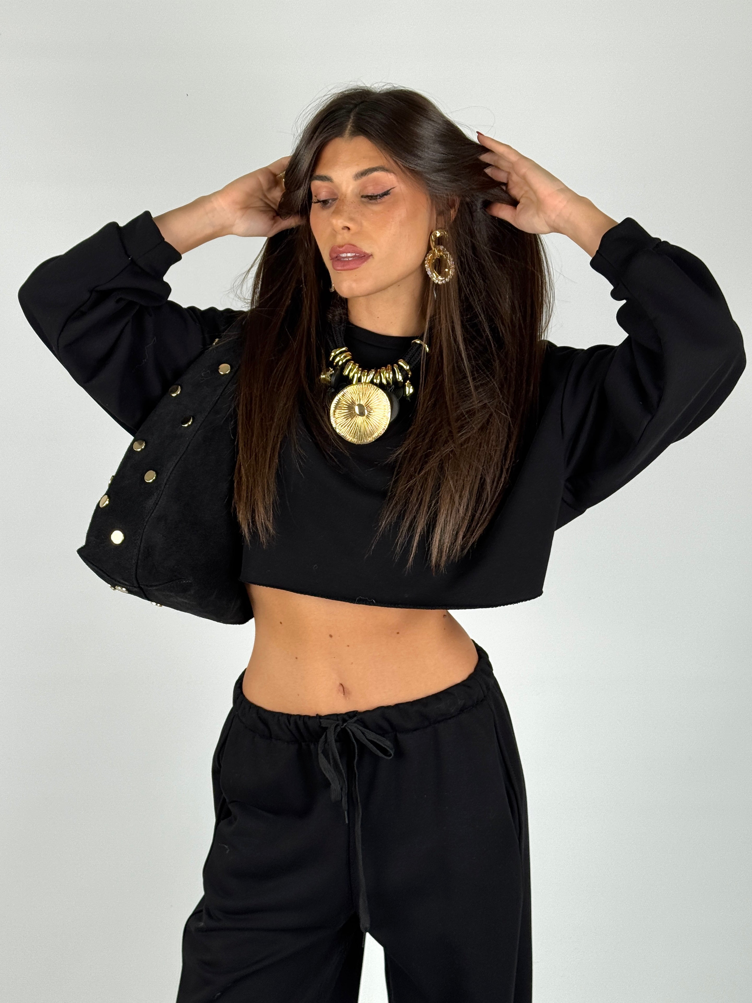 Felpa tuta sportiva crop nera