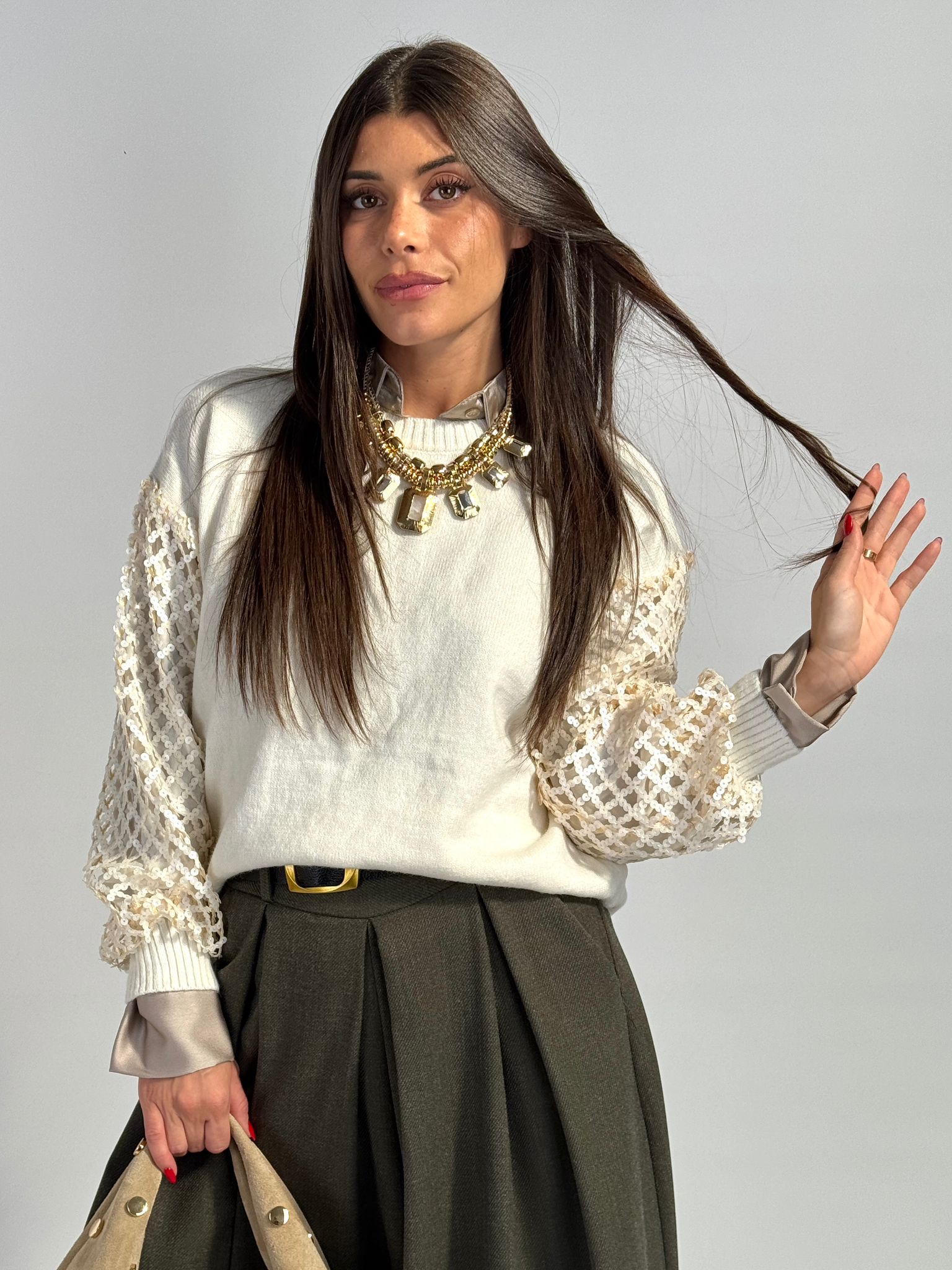 Maglioncino maniche paillettes beige