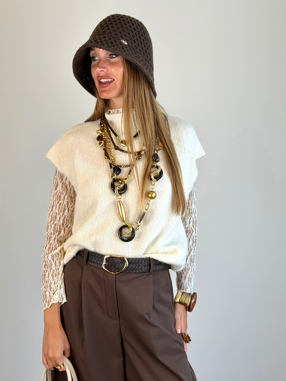 Maglia manica pizzo panna