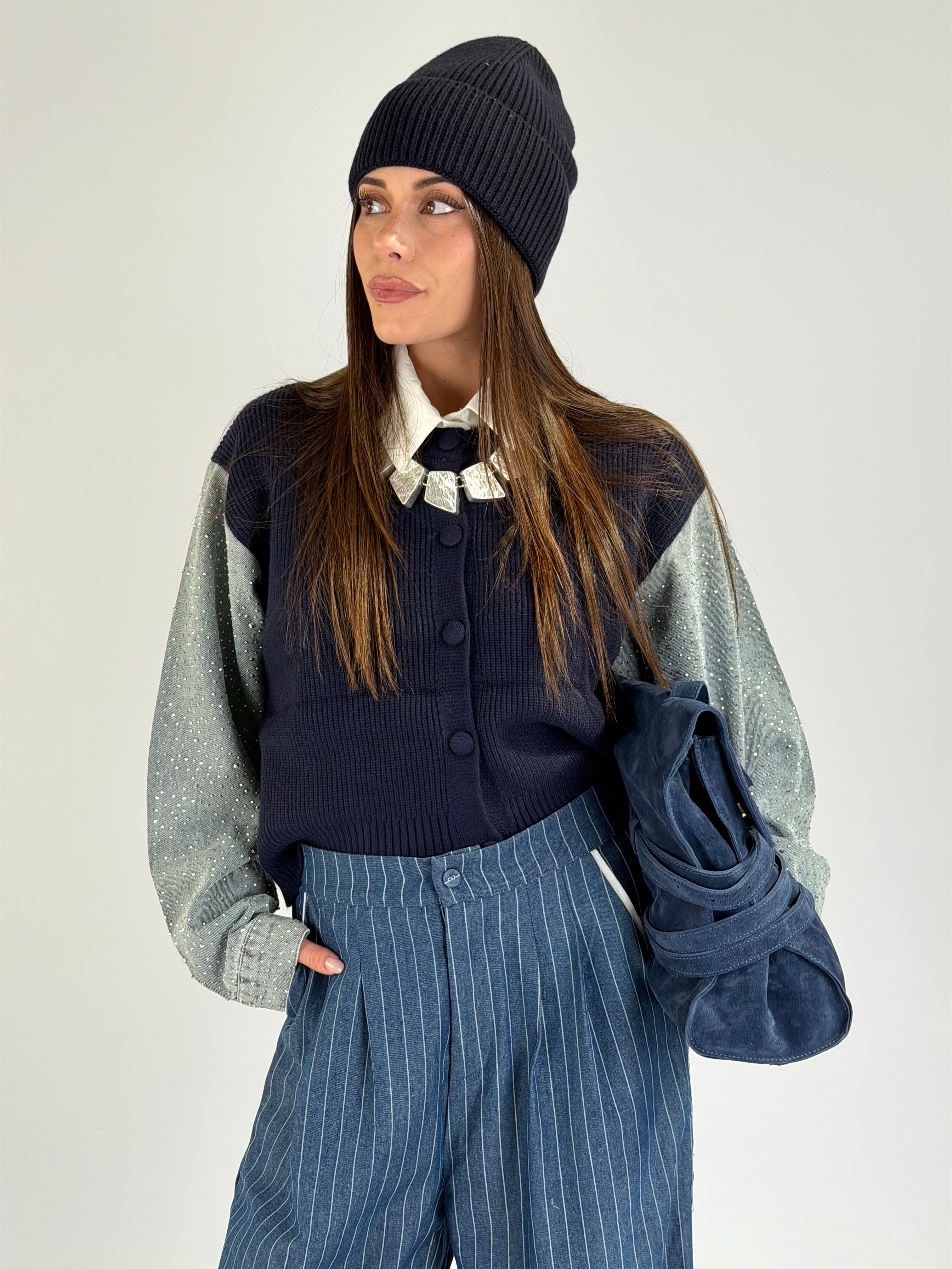 Maglia maniche denim zirconi blu