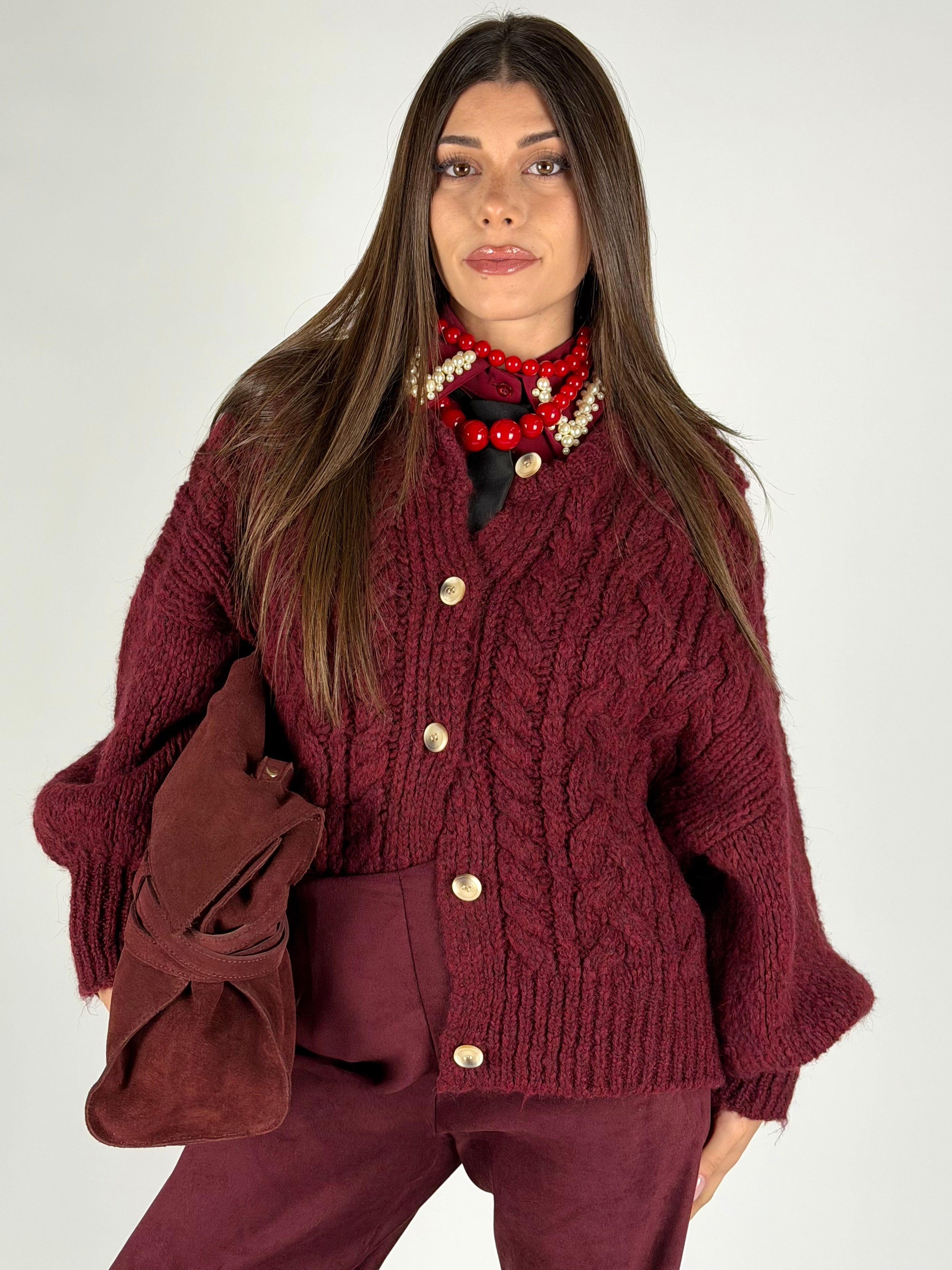 Maglia Cardigan bottoni treccia bordeaux