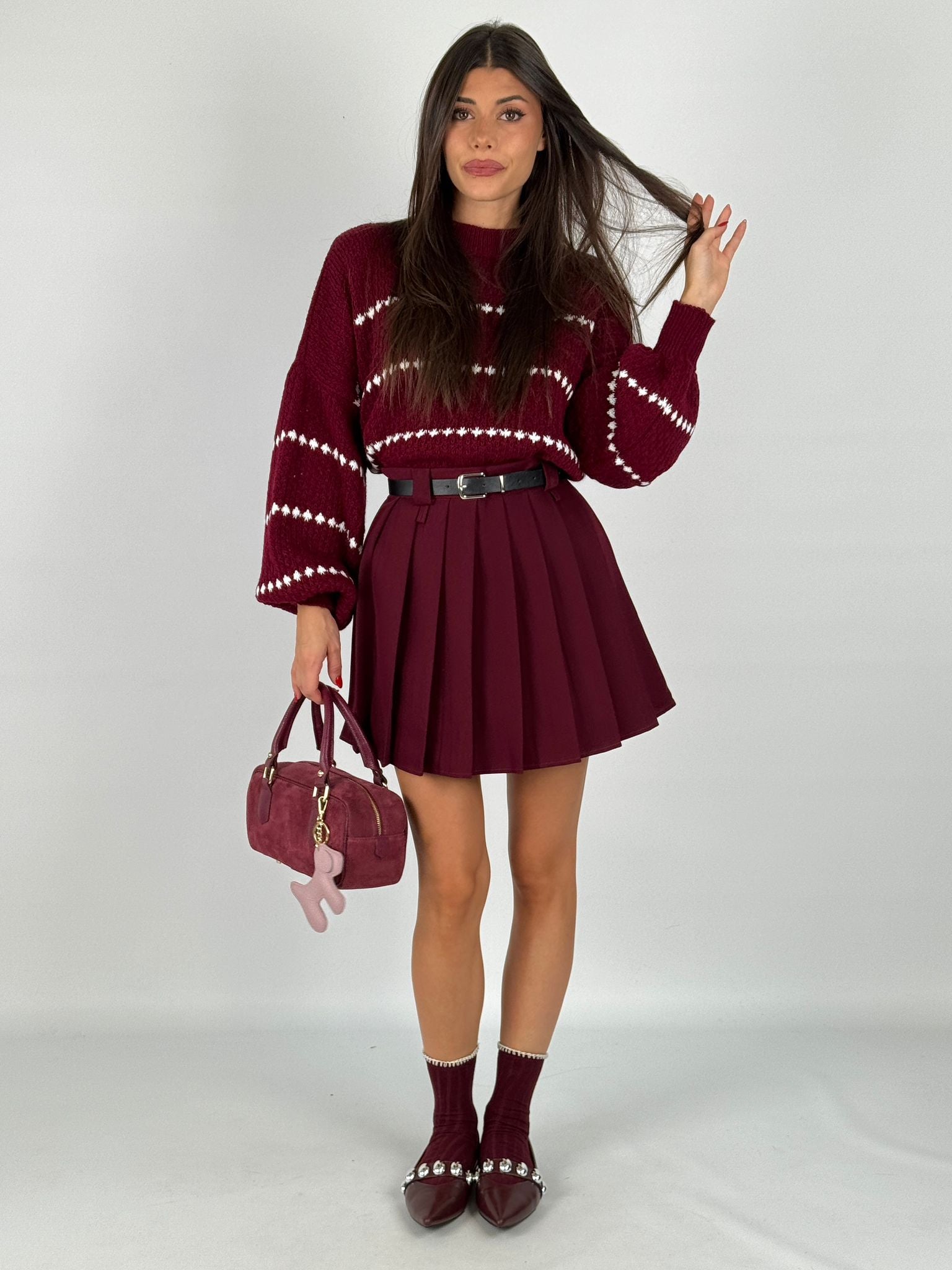 Gonna plisse doppia cintura bordeaux