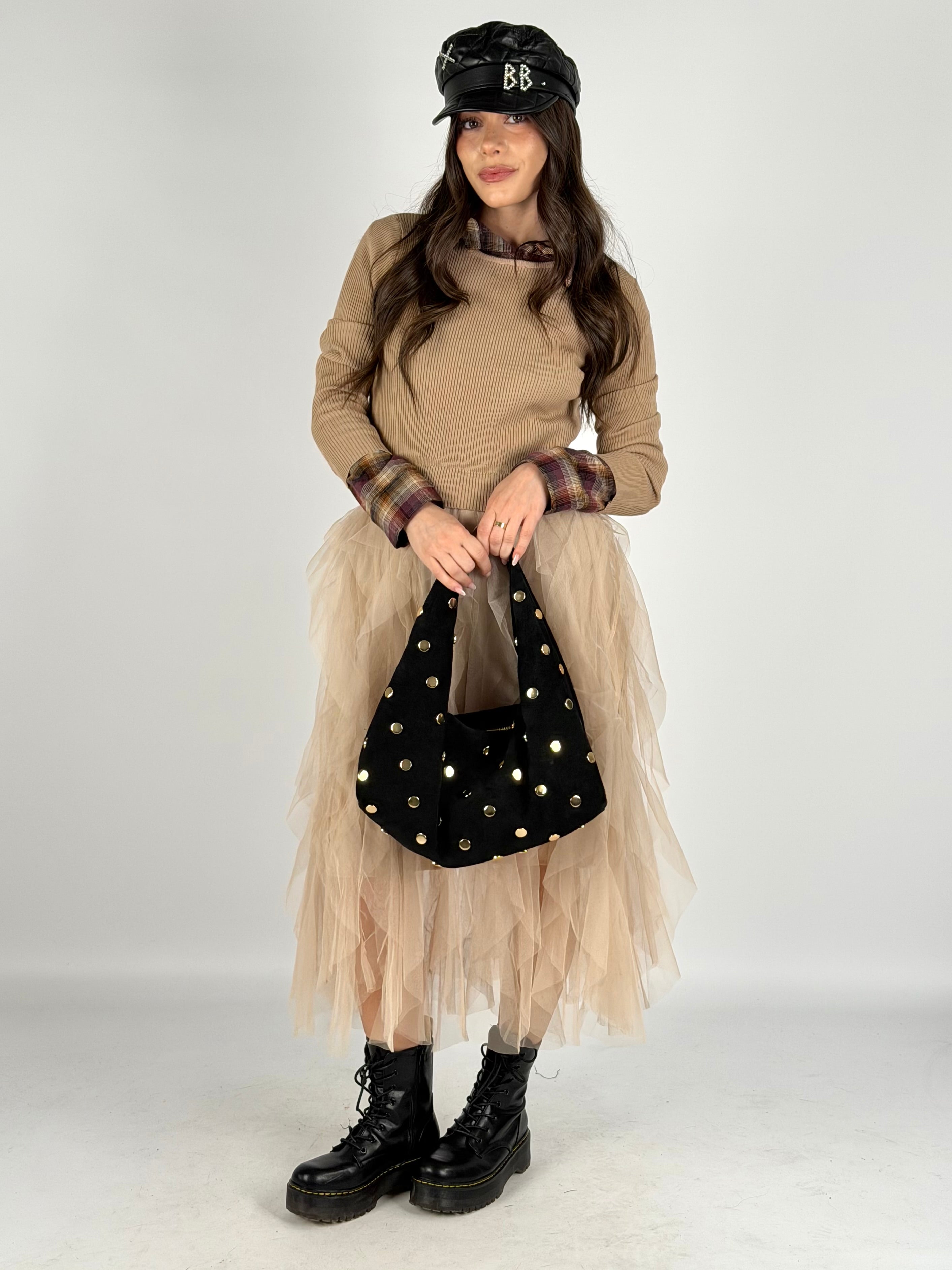 Abito tulle manica lunga beige