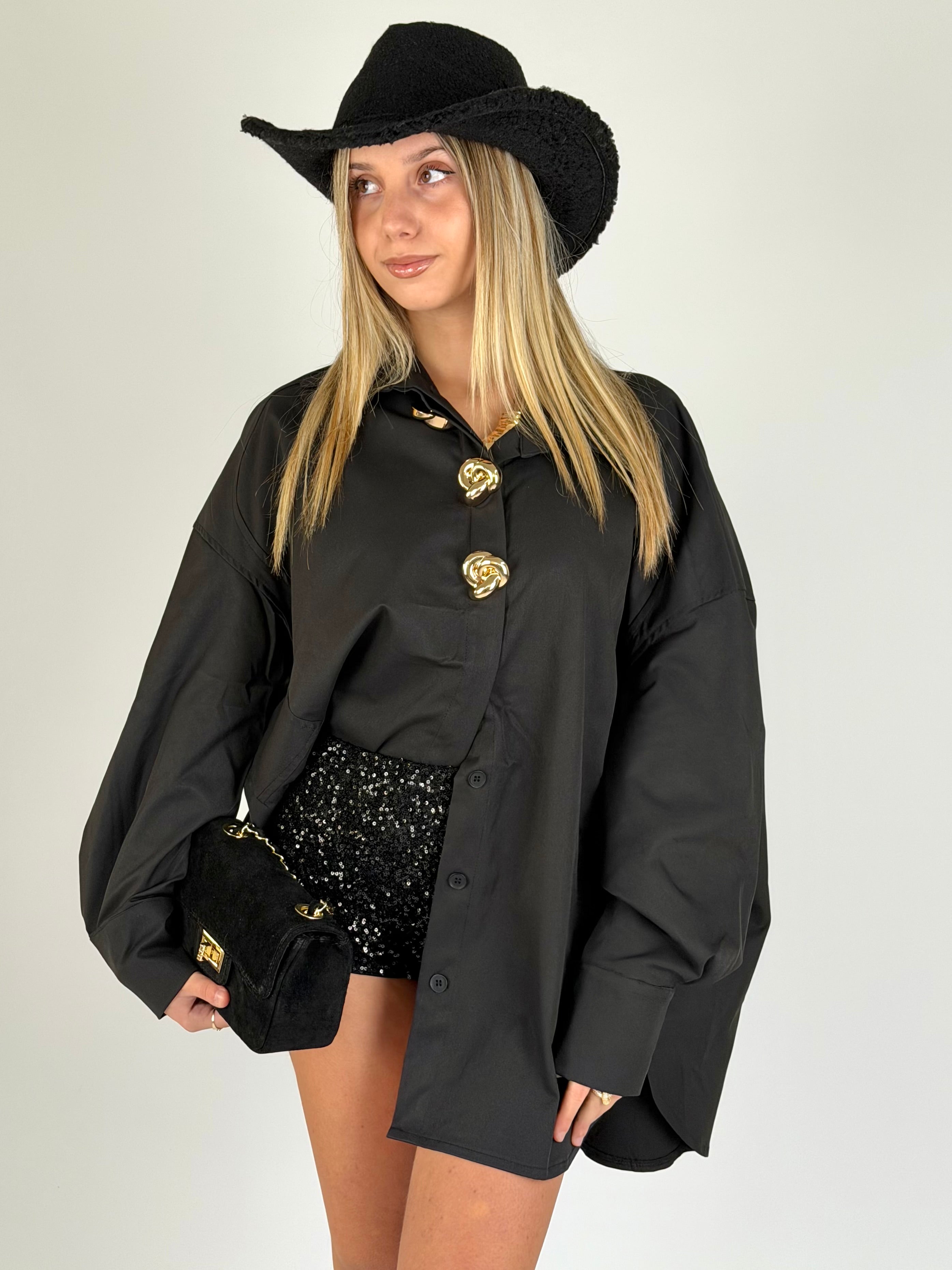 Maxi Camicia applicazioni gioiello nera