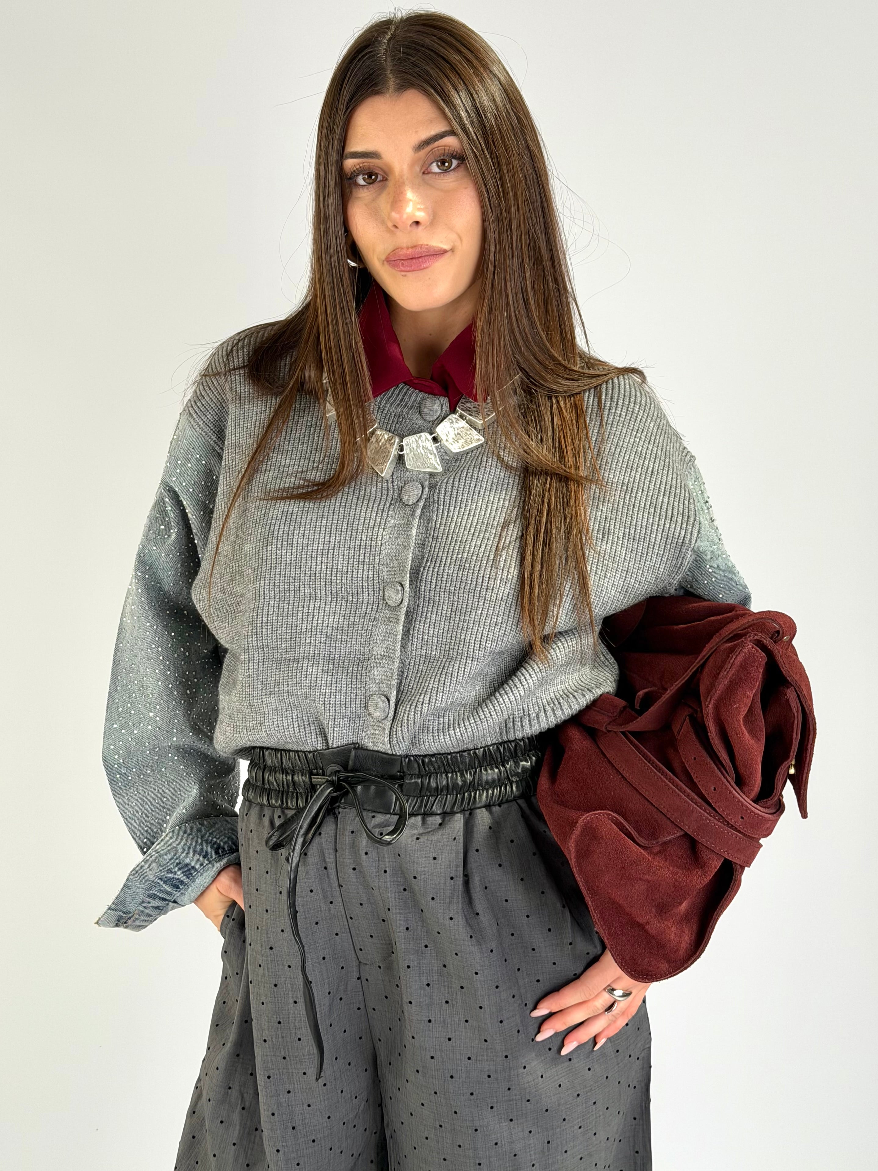 Maglia maniche denim zirconi grigio