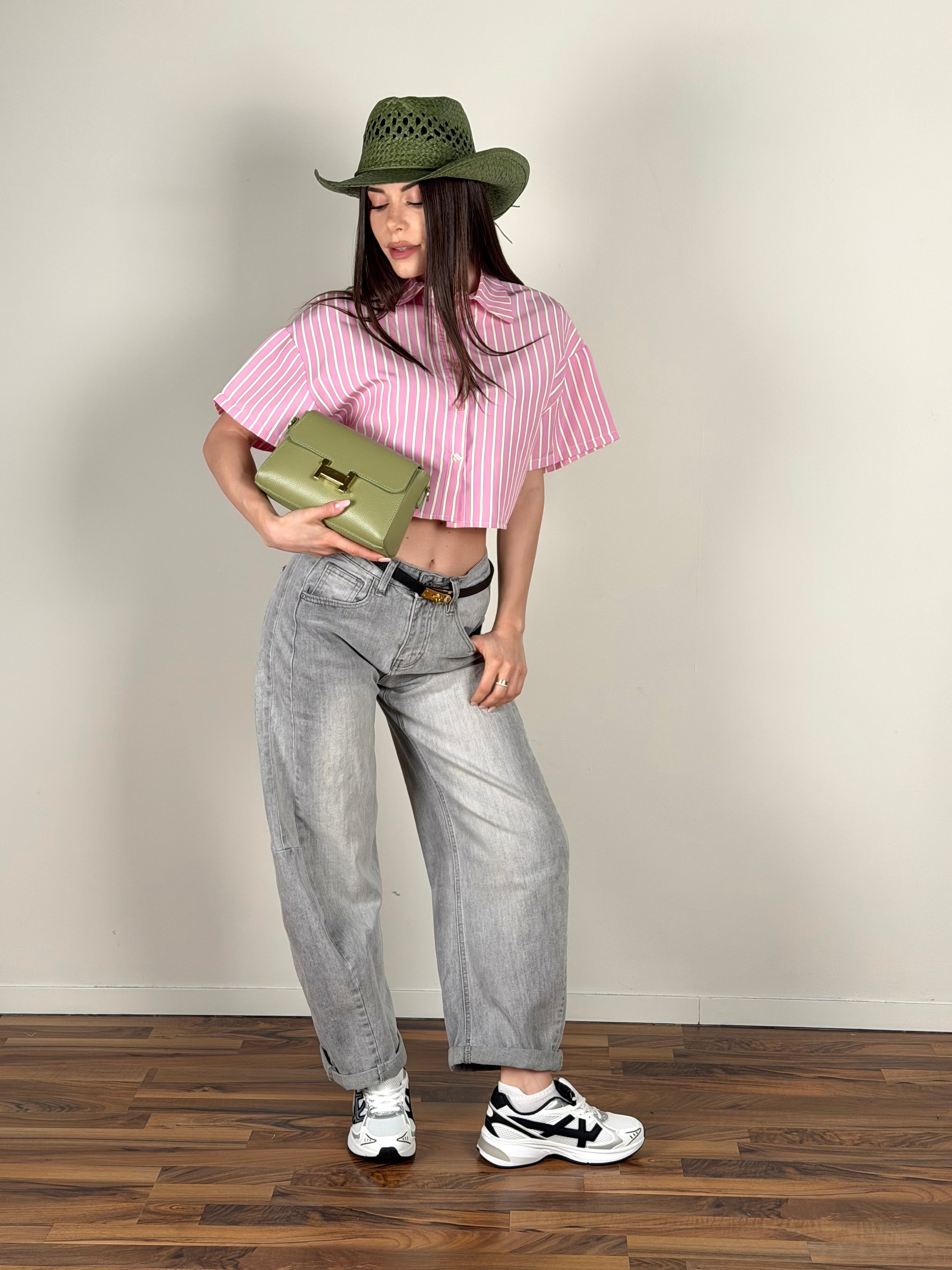 Camicia gessata fiocco rosa